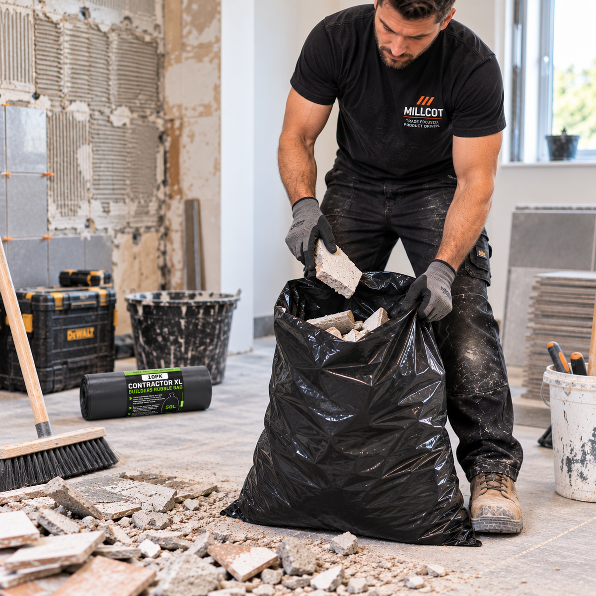 Tradesman using Buffalo Contractor XL 50L rubble bag for broken tiles and building waste