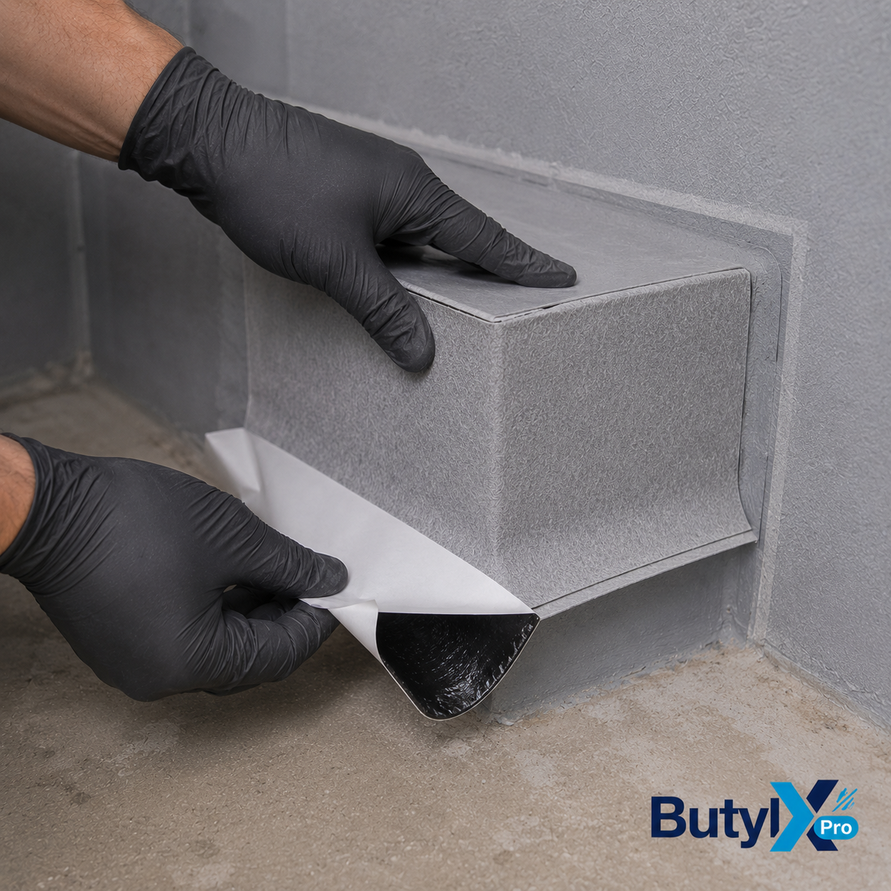 Installer in black gloves fitting a ButylX Pro pre-formed self-adhesive external corner piece around a raised step or ledge junction, peeling the release liner to expose the butyl adhesive