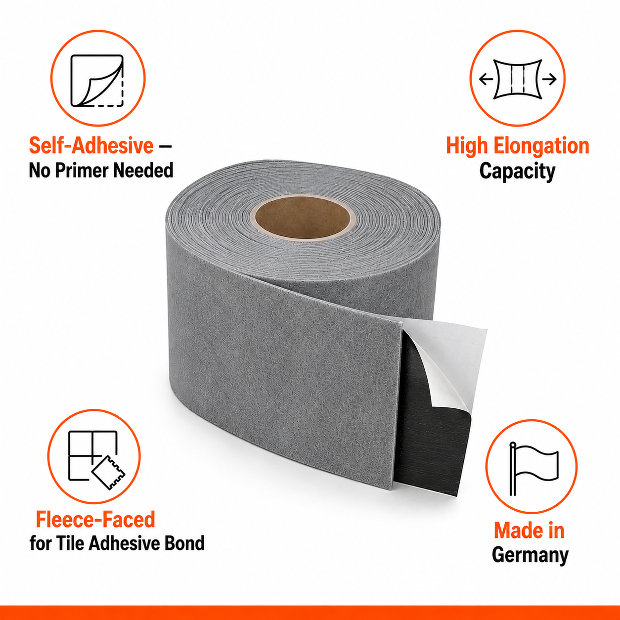 ButylX Pro self-adhesive fleece-faced butyl waterproof tape roll - no primer needed, high elongation capacity, fleece-faced for tile adhesive bond, made in Germany