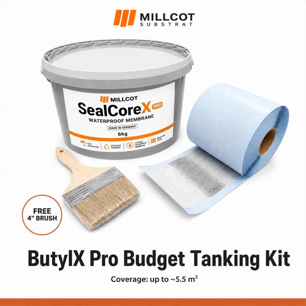 Millcot Substrat ButylX Pro Budget Tanking Kit featuring a 6kg bucket of waterproof membrane, a roll of blue butyl tape, a 4-inch brush, and promotional text on a white background.