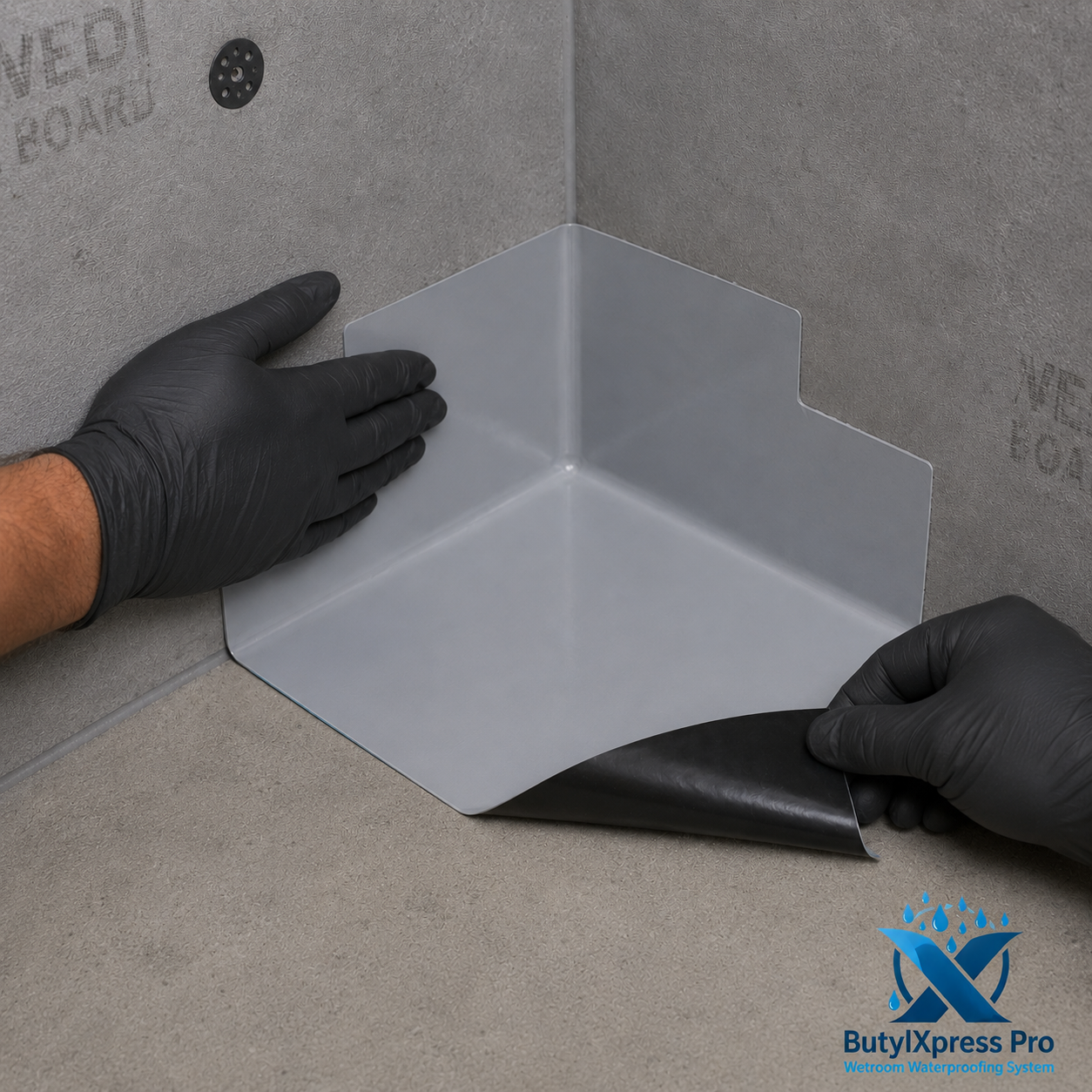 Installer in black gloves fitting a ButylXpress Pro pre-formed self-adhesive internal corner piece into a wall-floor-wall corner junction, peeling the black butyl adhesive liner to bond it in place