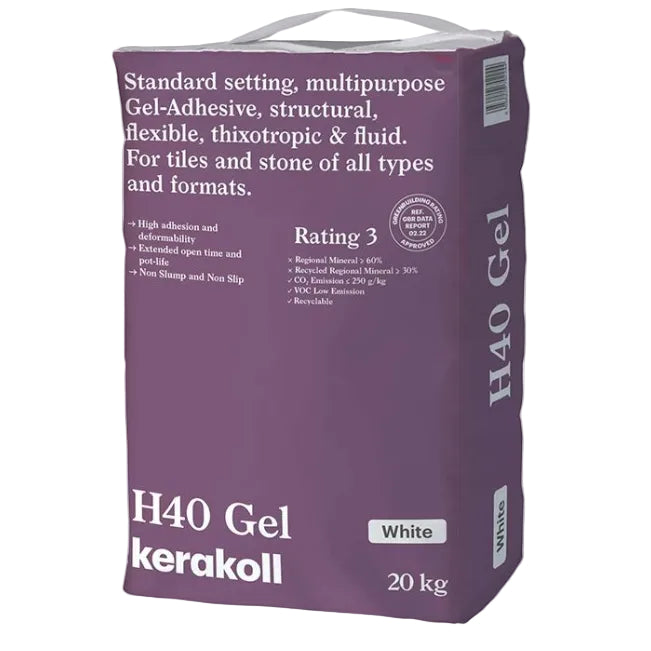 20kg bag of Kerakoll H40 Gel Adhesive Standard Set S1 in White — main packshot of the polymer-modified white tile adhesive for ceramic, porcelain, and natural stone.