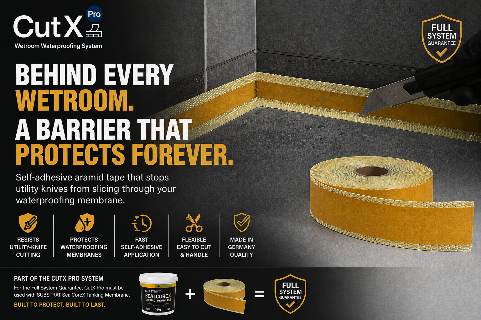 Promotional graphic for CutX Pro wetroom waterproofing tape, showing a roll of yellow aramid tape on a dark tiled floor, a utility knife cutting a strip, and marketing text about protecting against slicing through the waterproofing membrane.