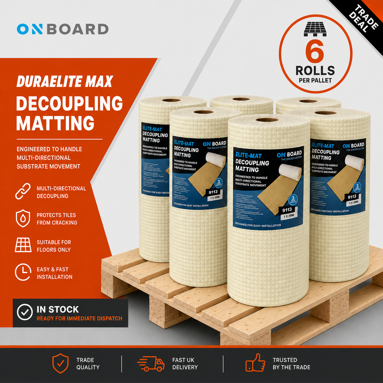 DuraElite Max decoupling matting trade pallet deal — six 30m x 1m mesh-reinforced uncoupling and anti-fracture membrane rolls stacked on a pallet, ready for immediate UK trade dispatch
