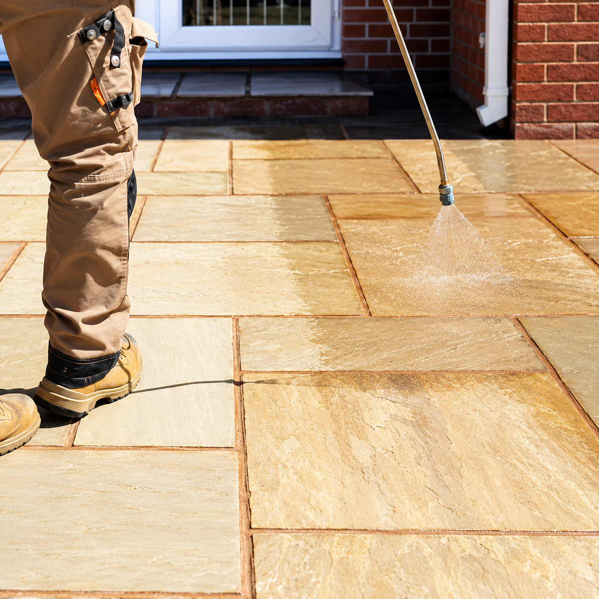 Ecoprotec Patio Sealer being applied with a pressure sprayer