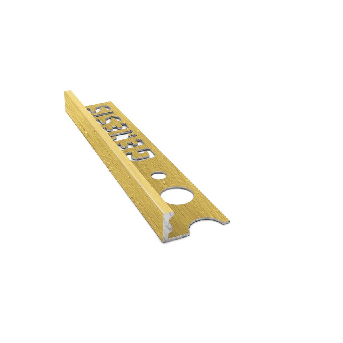 Genesis ESA aluminium straight edge tile trim in Brushed Brass finish, 8mm depth, 2.5m length