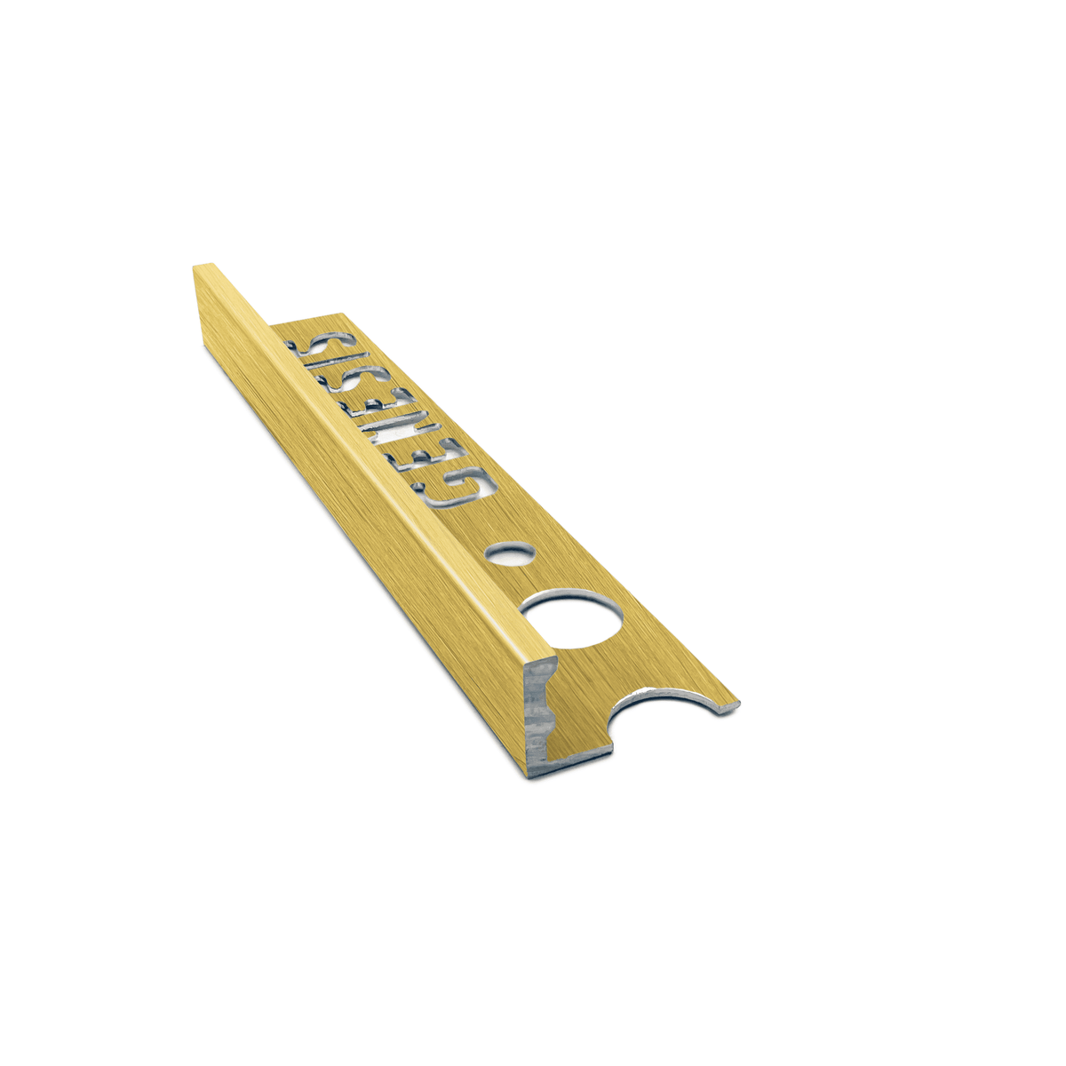 Genesis ESA aluminium straight edge tile trim in Brushed Brass finish, 10mm depth, 2.5m length