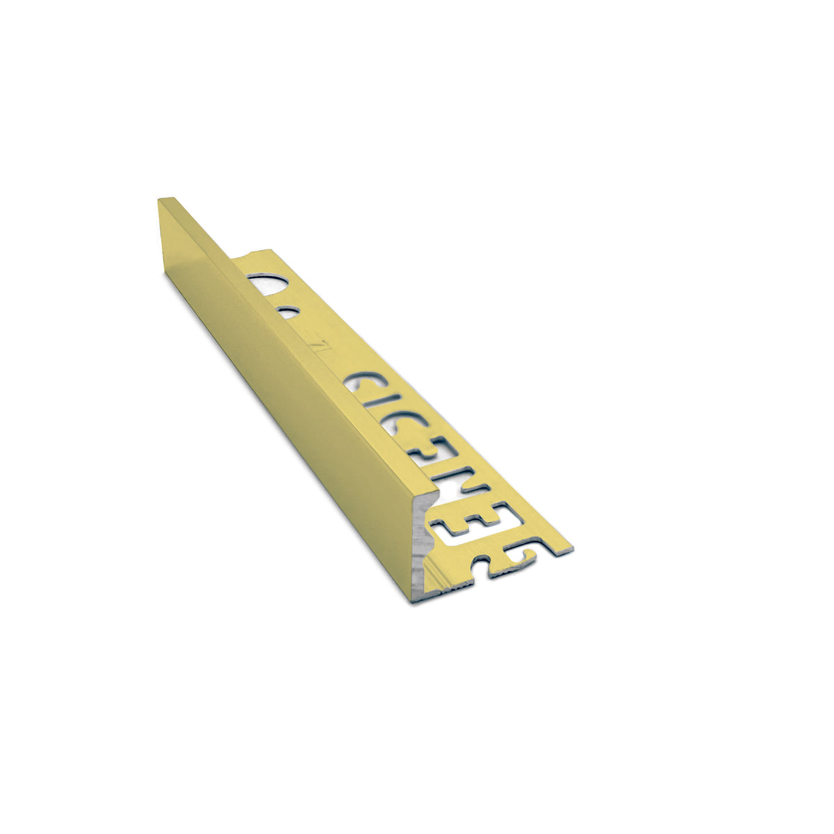 Genesis ESA aluminium straight edge tile trim in Bright Brass finish, 15mm depth, 2.5m length