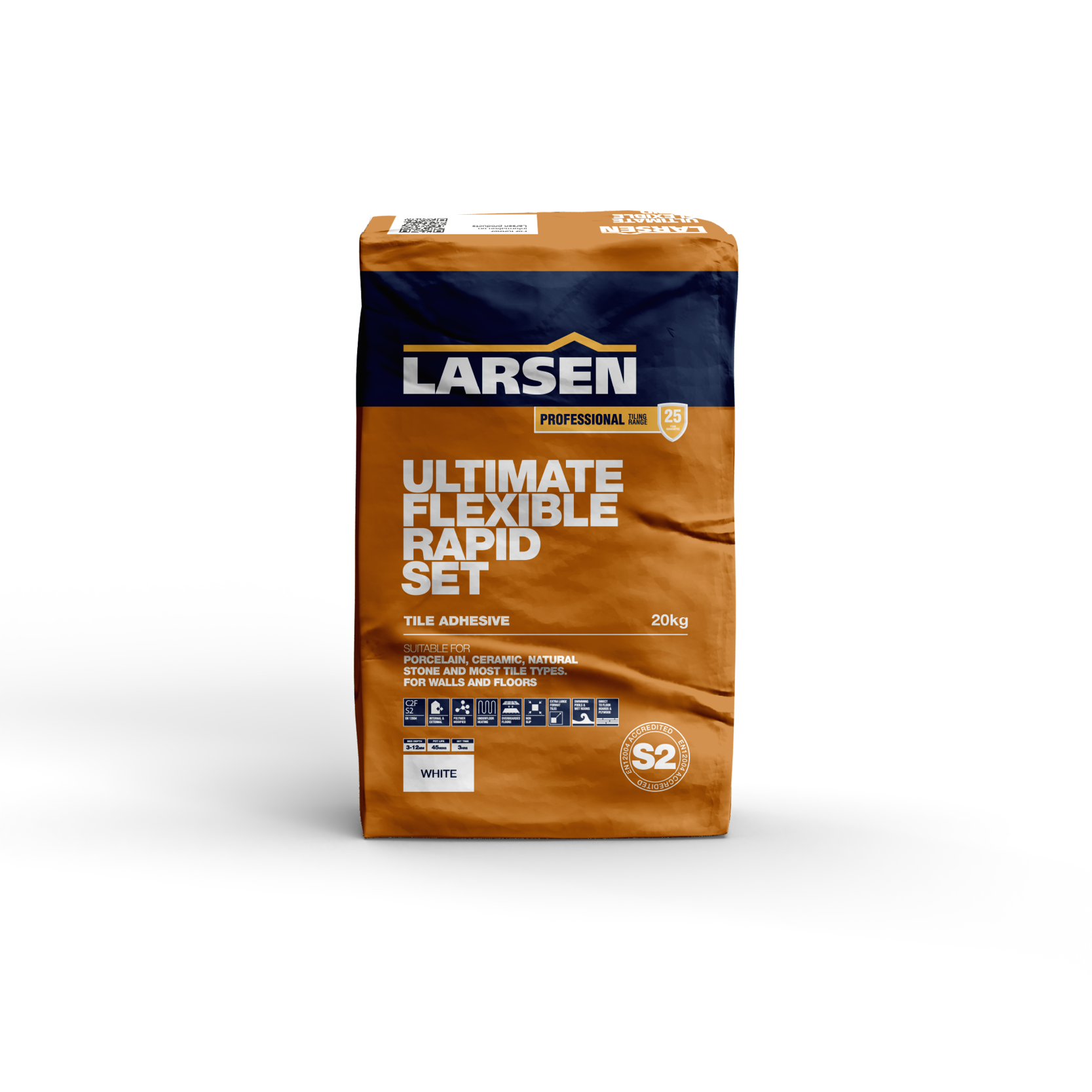 20kg bag of Larsen Ultimate Flexible Rapid Set S2 Pro Range Tile Adhesive — main packshot of the C2F highly-flexible large-format tile adhesive.