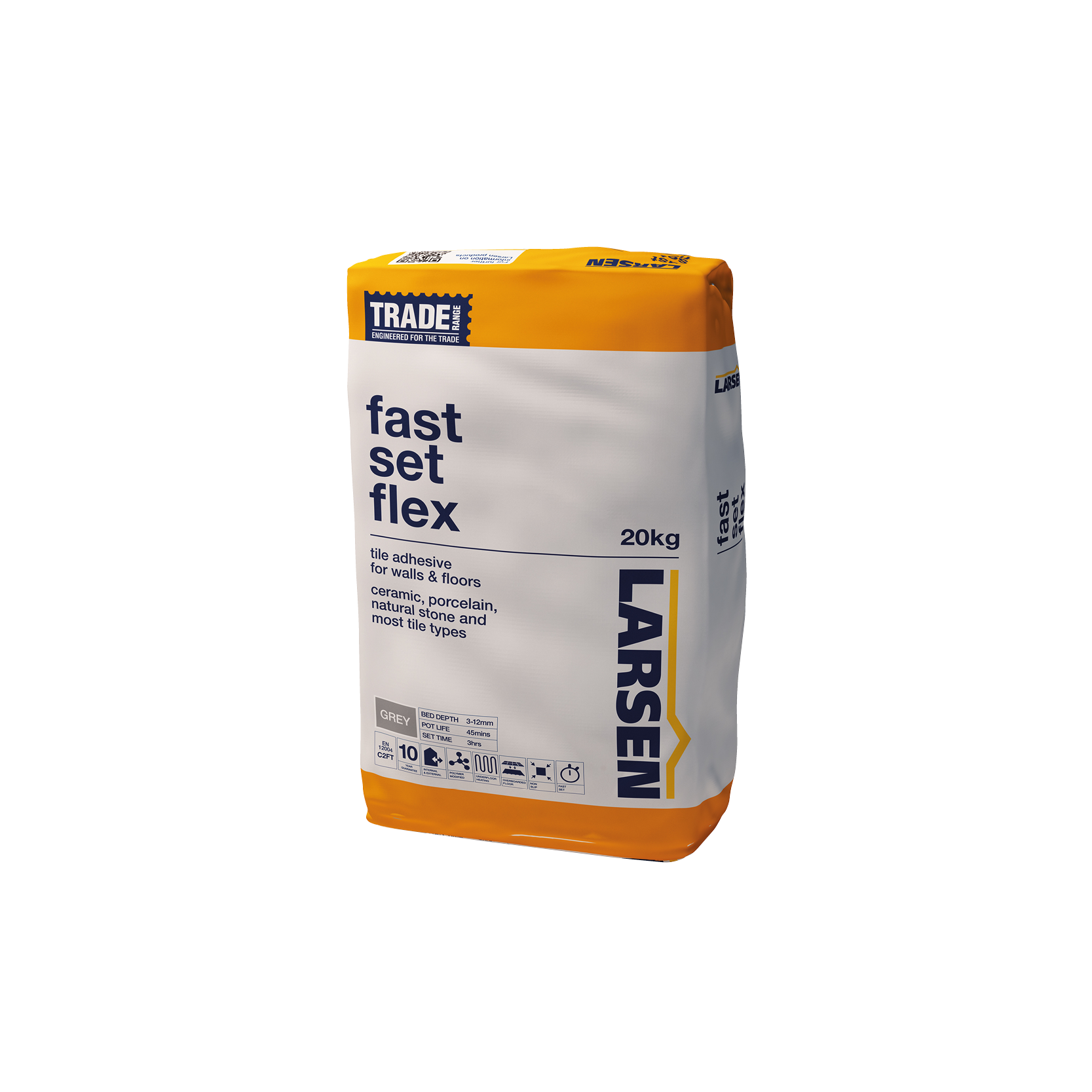 20kg bag of Larsen Fast Set Flex Grey Trade Range Tile Adhesive — main packshot of the C2F fast-set flexible cement-based tile adhesive.