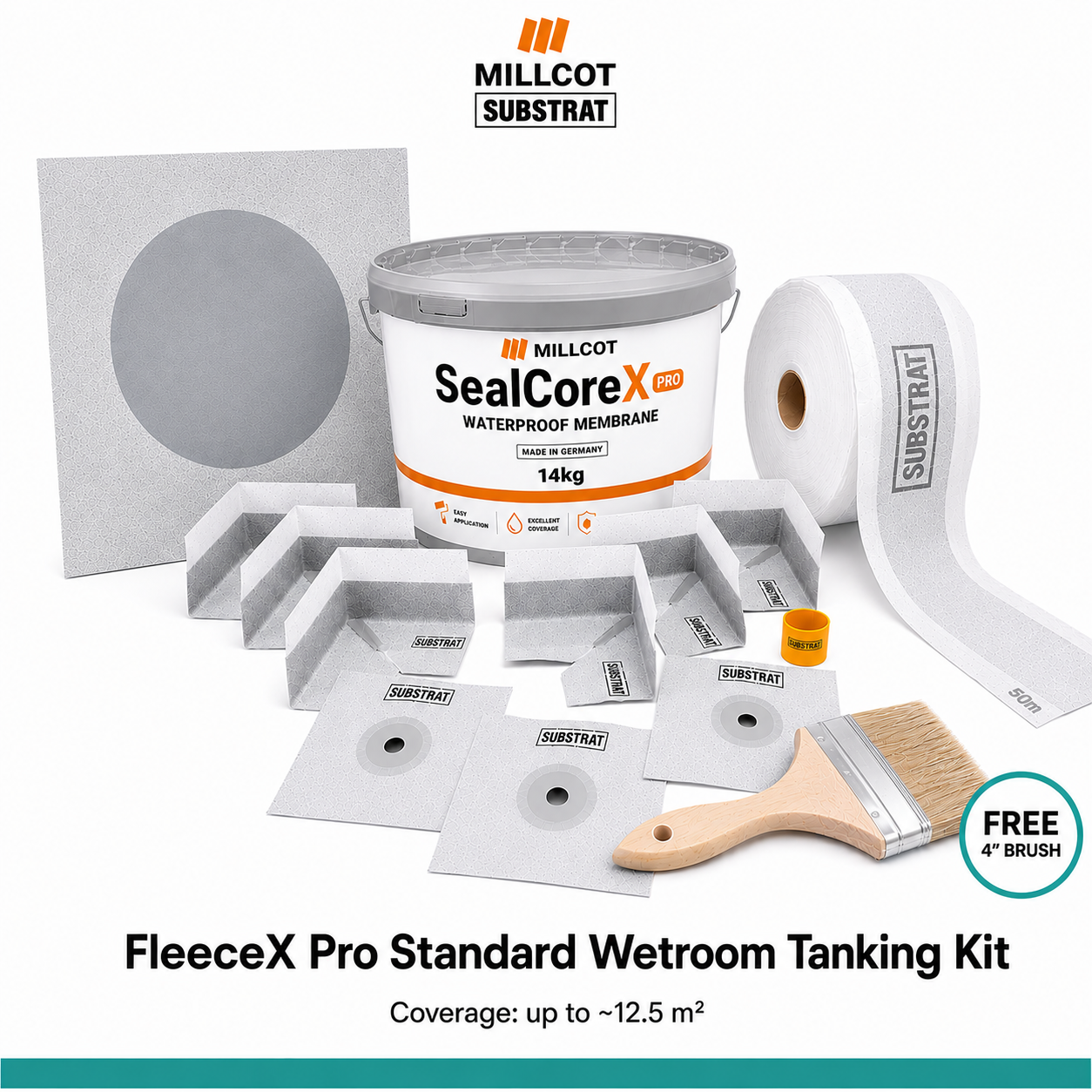 MILLCOT SUBSTRAT FleeceX Pro Standard Wetroom Tanking Kit — SealCoreX liquid membrane, flexible fleece tanking tape, internal corners, pipe and floor drain collars and a free brush for wetroom waterproofing, on a white background.