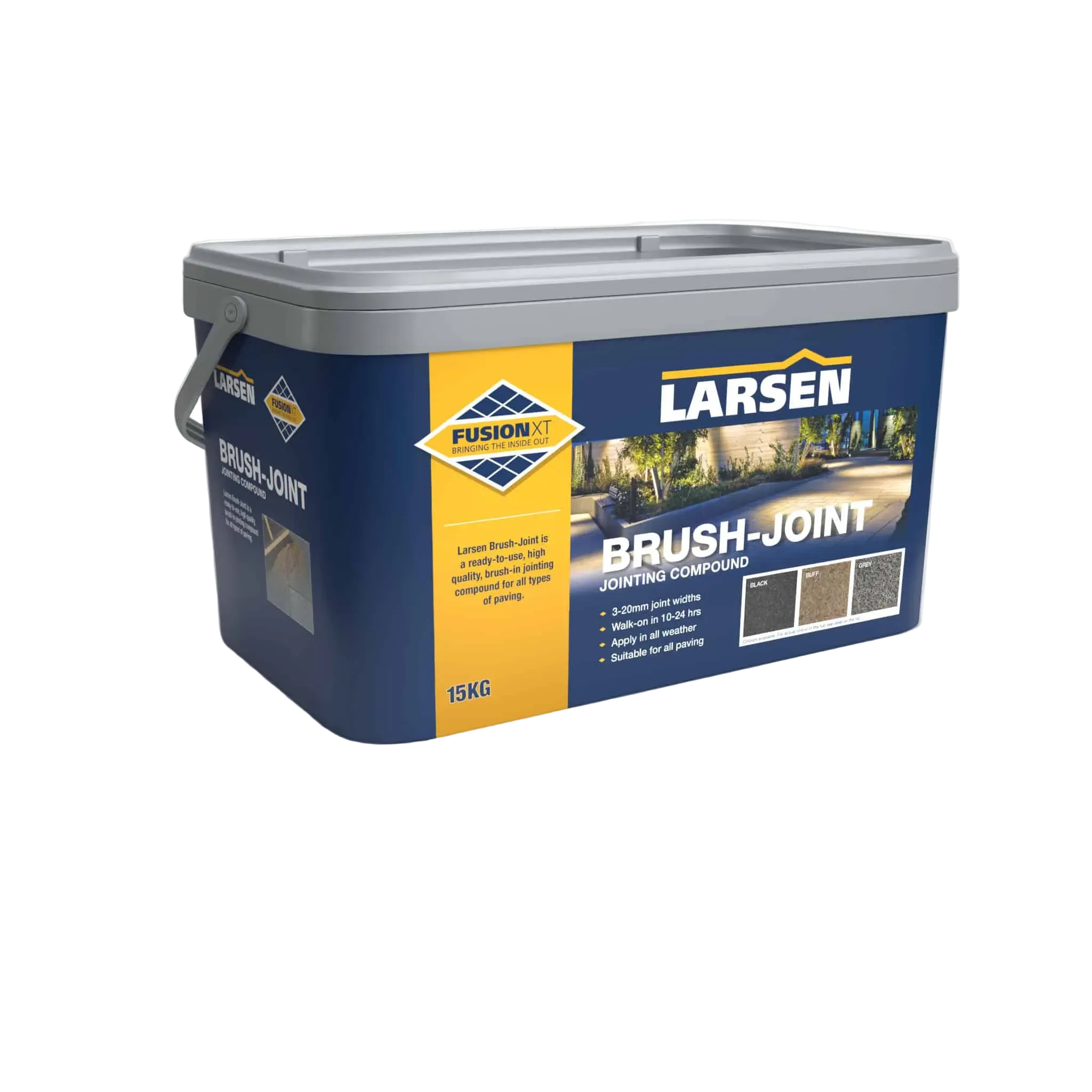 Larsen Fusion XT Brush-Joint sack — main packshot of the polymeric brush-in jointing compound for paving.