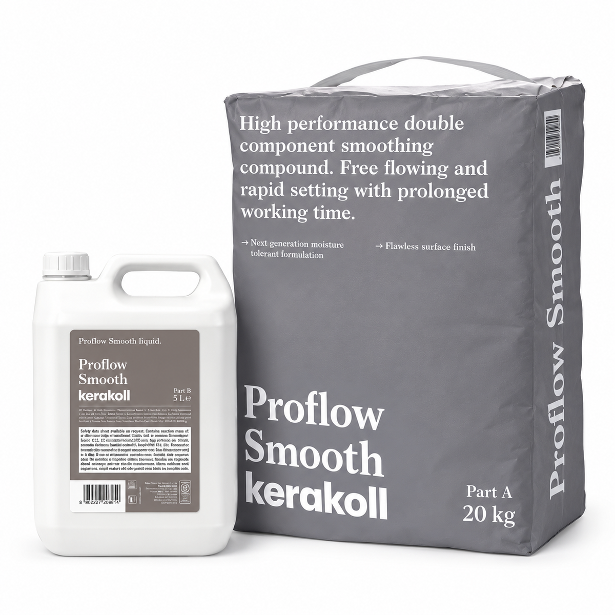 Kerakoll Proflow Smooth 2 part self levelling compound 20kg bag and 5L liquid bottle front view