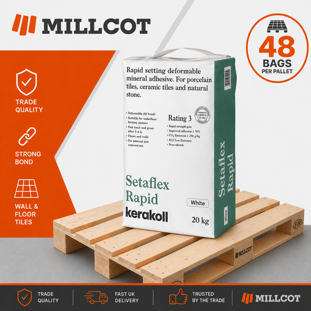 Kerakoll Setaflex Rapid Set White Tile Adhesive Full Pallet 48 x 20kg Bags