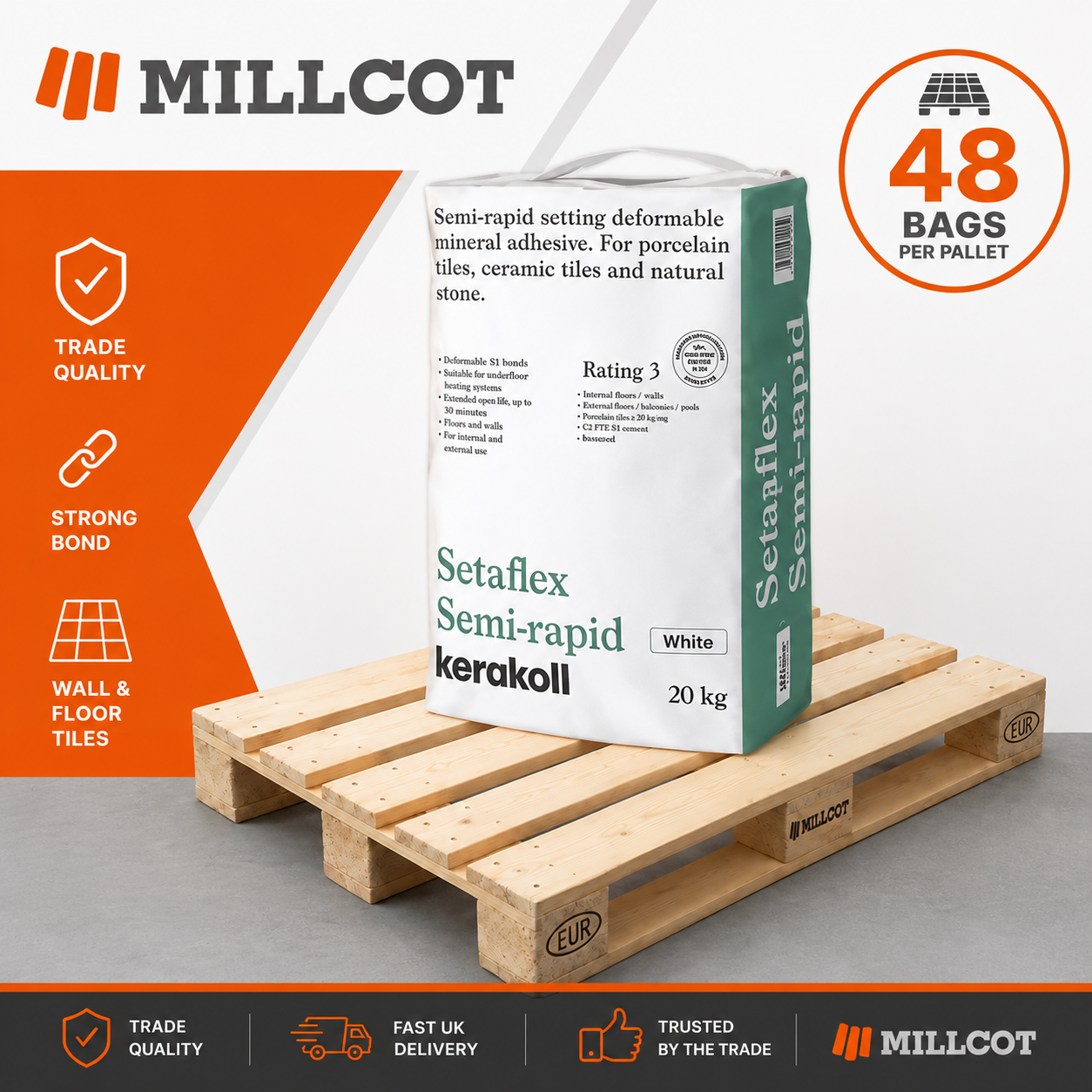Kerakoll Setaflex Semi-Rapid White Tile Adhesive Full Pallet 48 x 20kg Bags