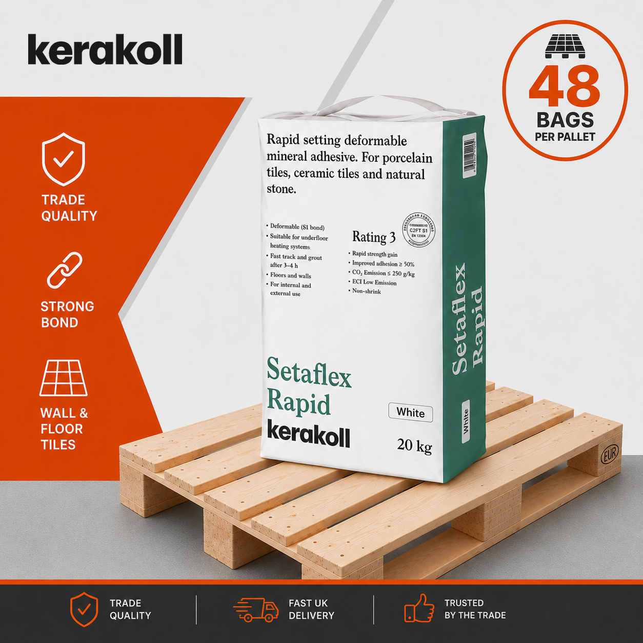 Kerakoll Setaflex Rapid Set S1 flexible tile adhesive white 20kg full pallet of 48 bags