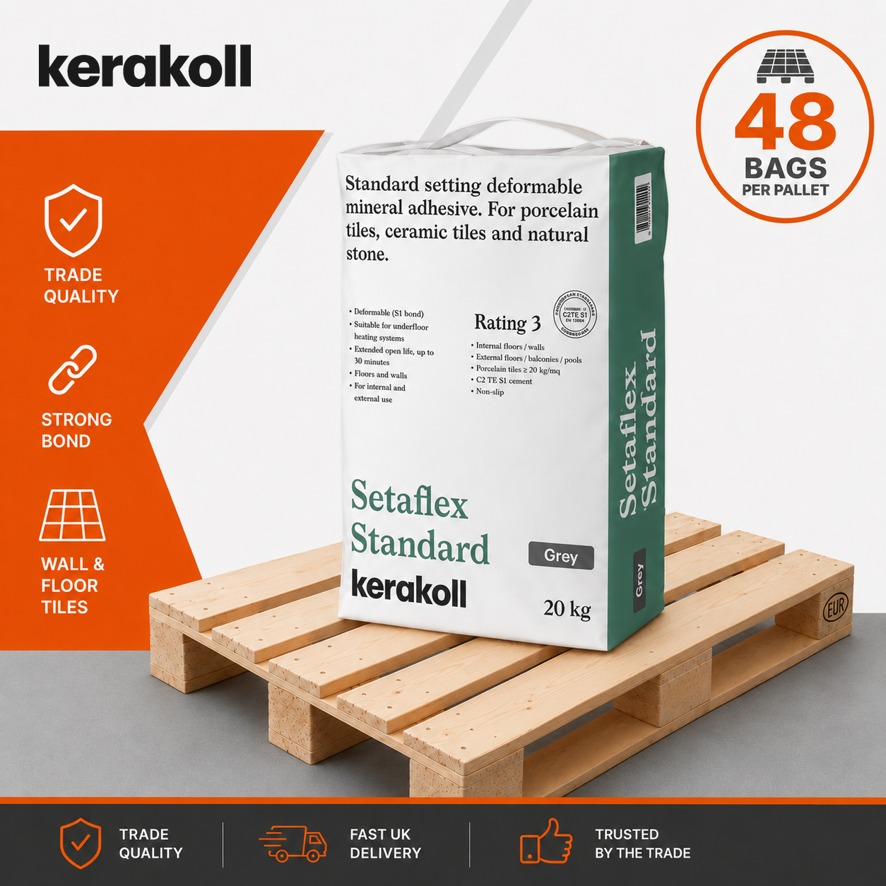 Kerakoll Setaflex Standard Set S1 flexible tile adhesive grey 20kg full pallet of 48 bags