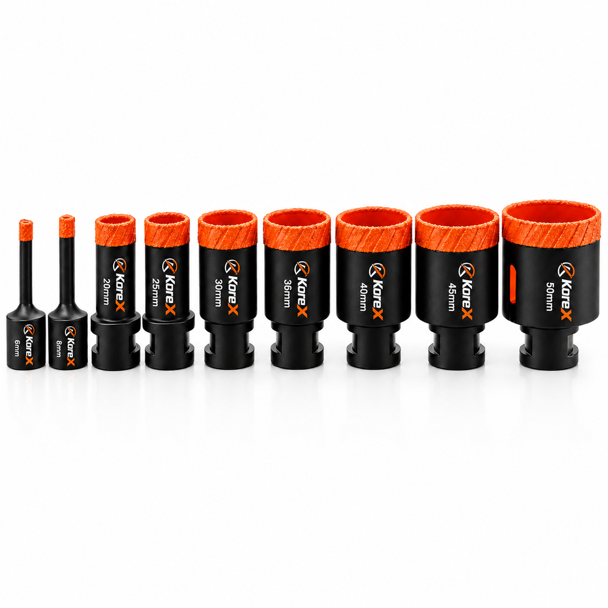 KoreX M14 porcelain diamond drill bits in sizes 6mm to 50mm for professional tile drilling