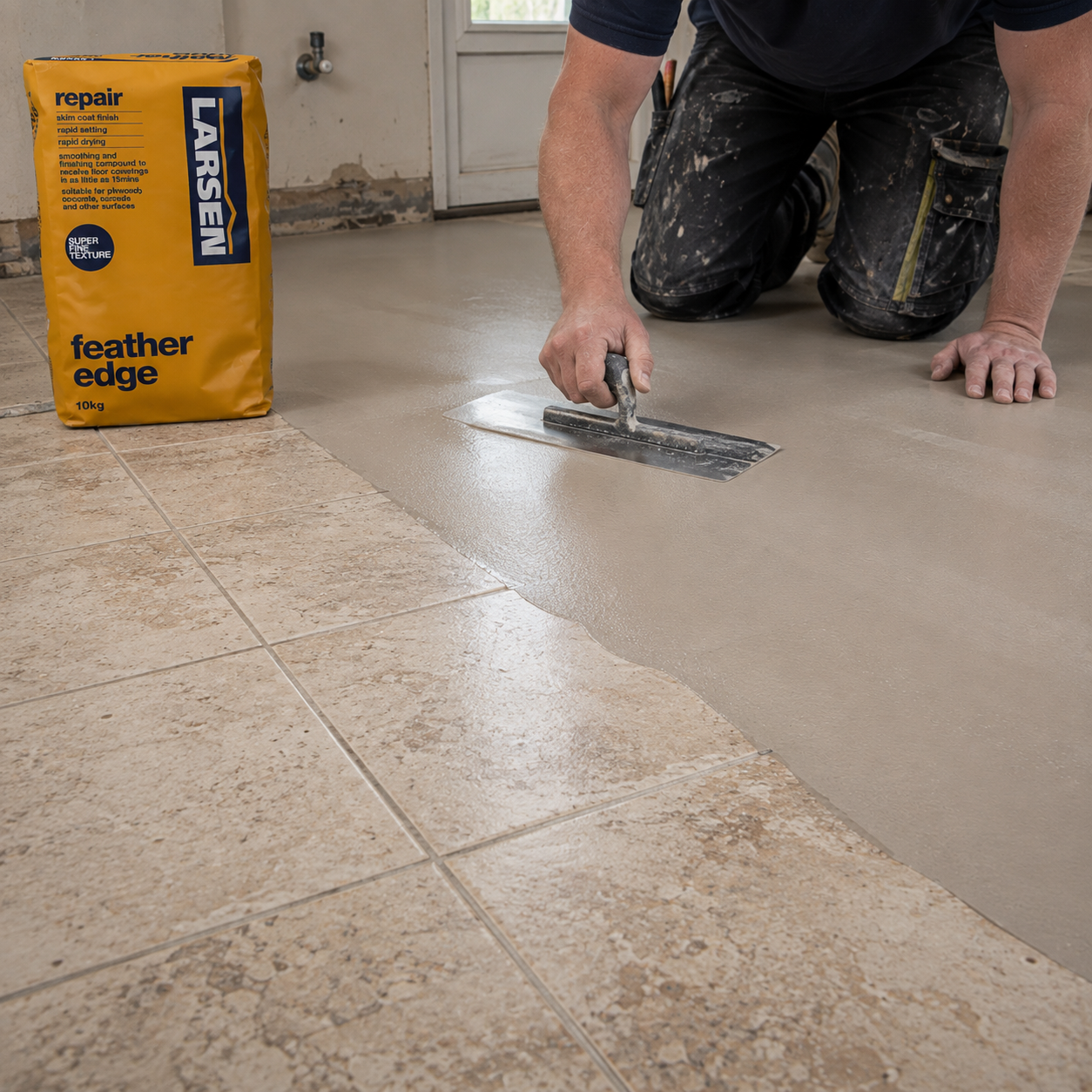 Larsen Feather Edge skimmed over existing floor tiles to fill recessed grout joints and create a smooth surface.