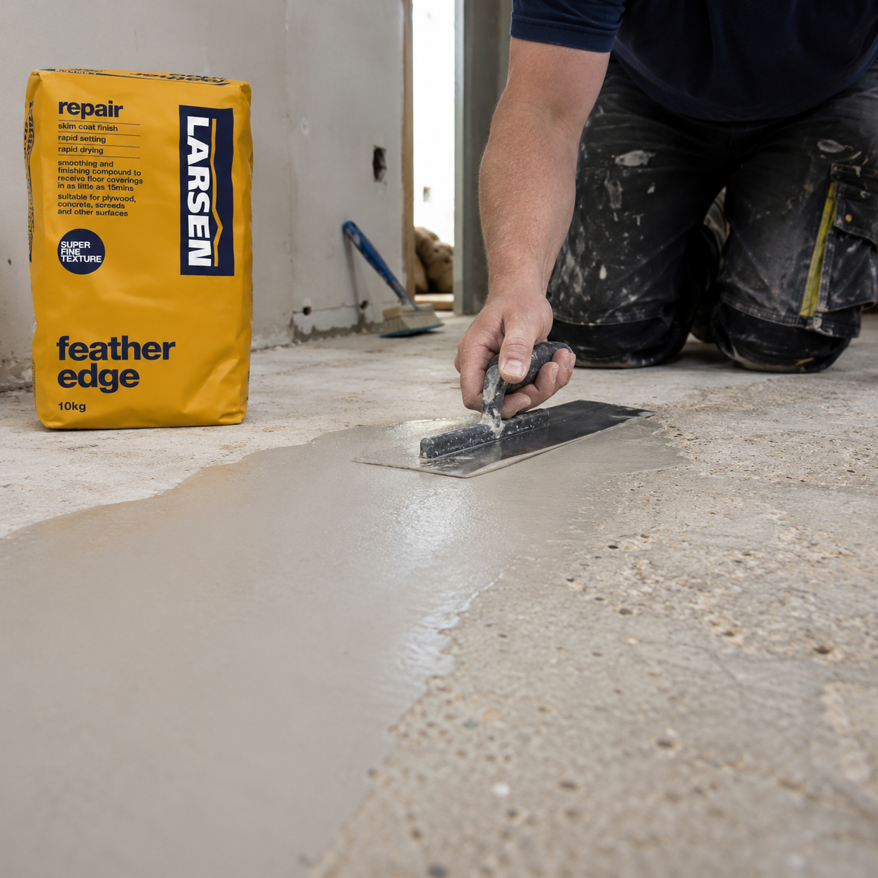Professional applying Larsen Feather Edge with a steel trowel to smooth an uneven internal subfloor.