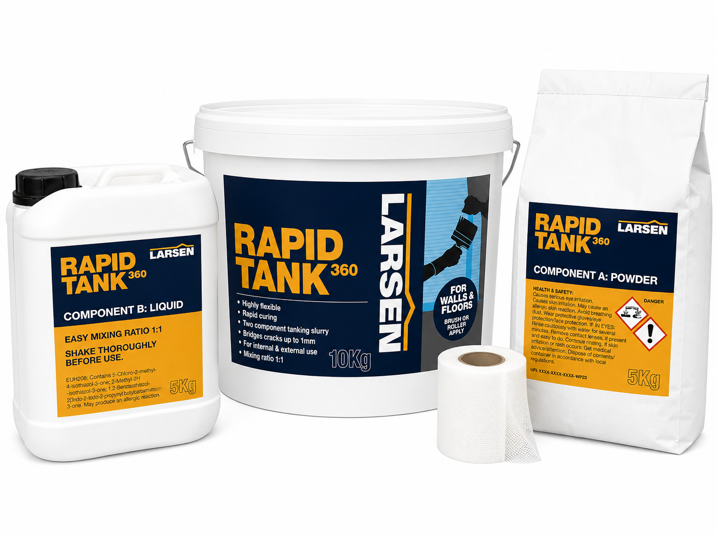Larsen Rapid Tank 360 wall floor fluid mixing kit including a 10kg bucket, a 5kg powder bag, a 5L liquid bottle, and a roll of white tape on a white background.