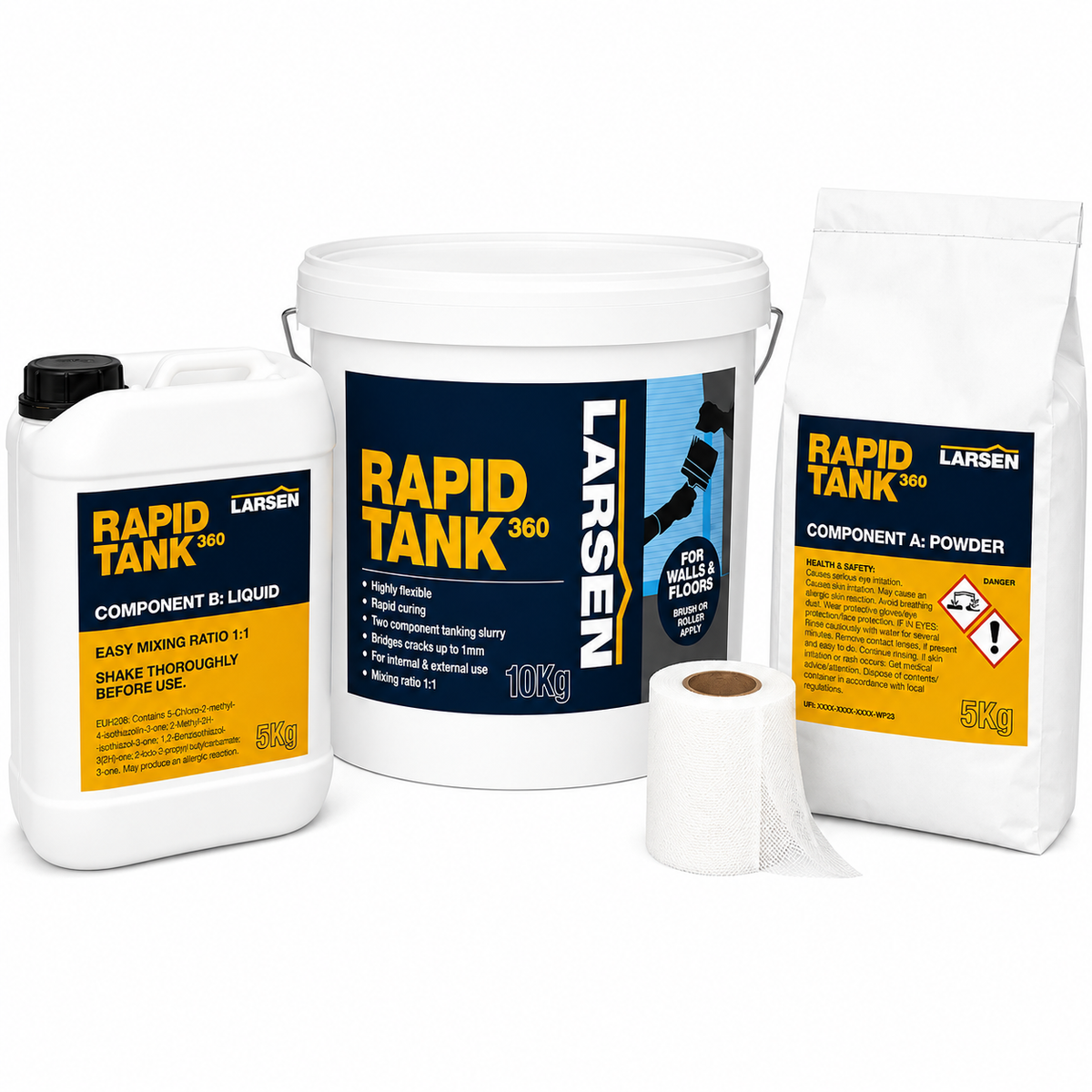 Larsen Rapid Tank 360 quick setting cement in three containers: a 10kg bucket, a 10kg liquid component jug, and a 5kg powder bag, along with a roll of white membrane, on a white background.