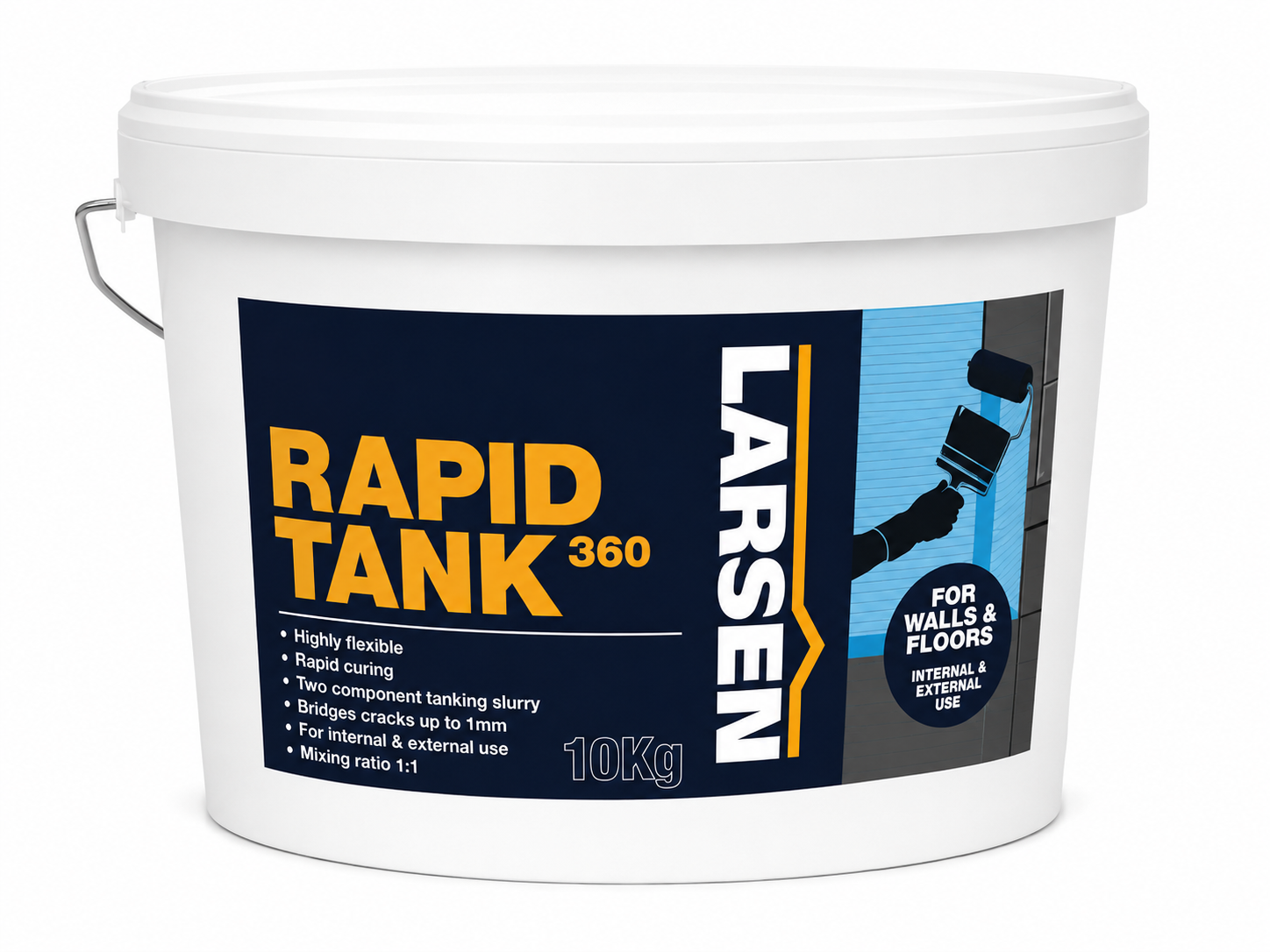 A 10kg white plastic bucket of Larsen Rapid Tank 360 wall and floor trowel slurry, featuring a navy blue label with yellow and white text and a light blue graphic of a painter.