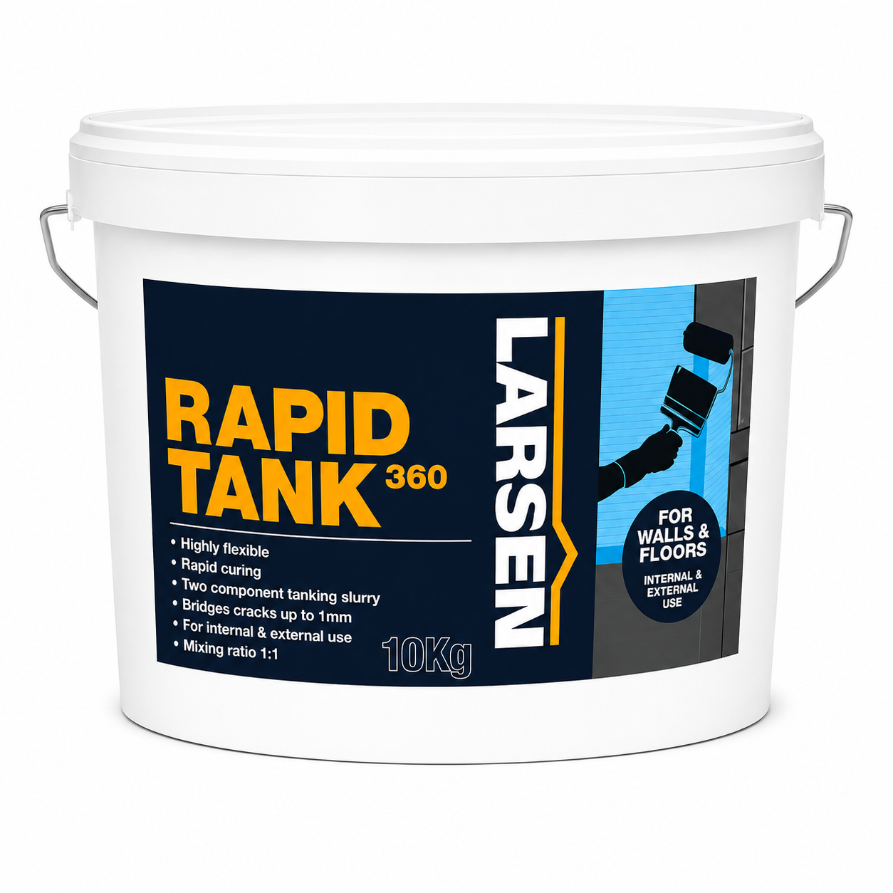 A white plastic bucket of Larsen Rapid Tank 360 two-component tanking slurry, 10kg, featuring a navy blue and yellow label with a hand holding a paint roller.