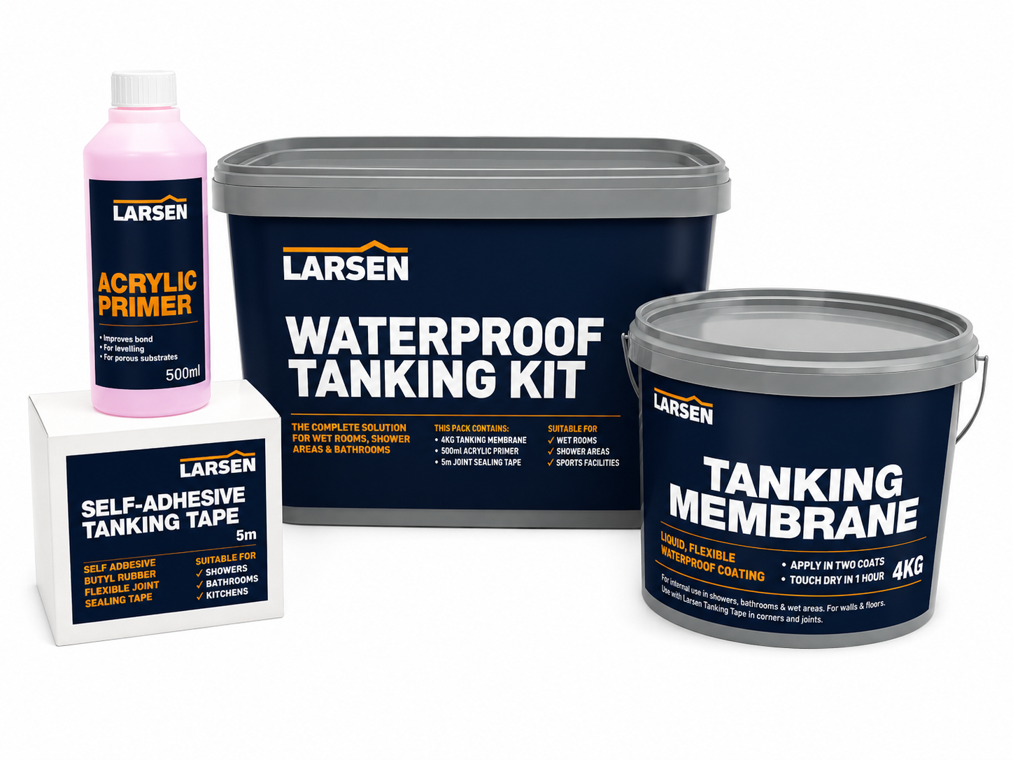 Larsen waterproofing tanking kit products including a large tub labeled Waterproof Tanking Kit, a canister of Tanking Membrane, a bottle of Acrylic Primer, and a box of Self-Adhesive Tanking Tape, arranged on a white background.