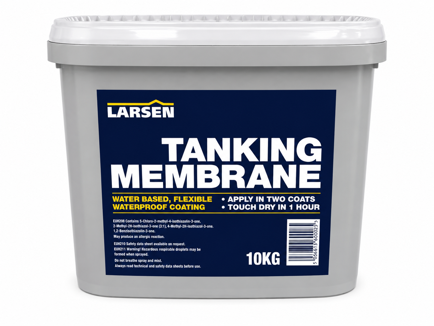 A 10kg plastic bucket of Larsen Tanking Membrane waterproof coating, featuring a dark blue label with white and yellow text on a white background.