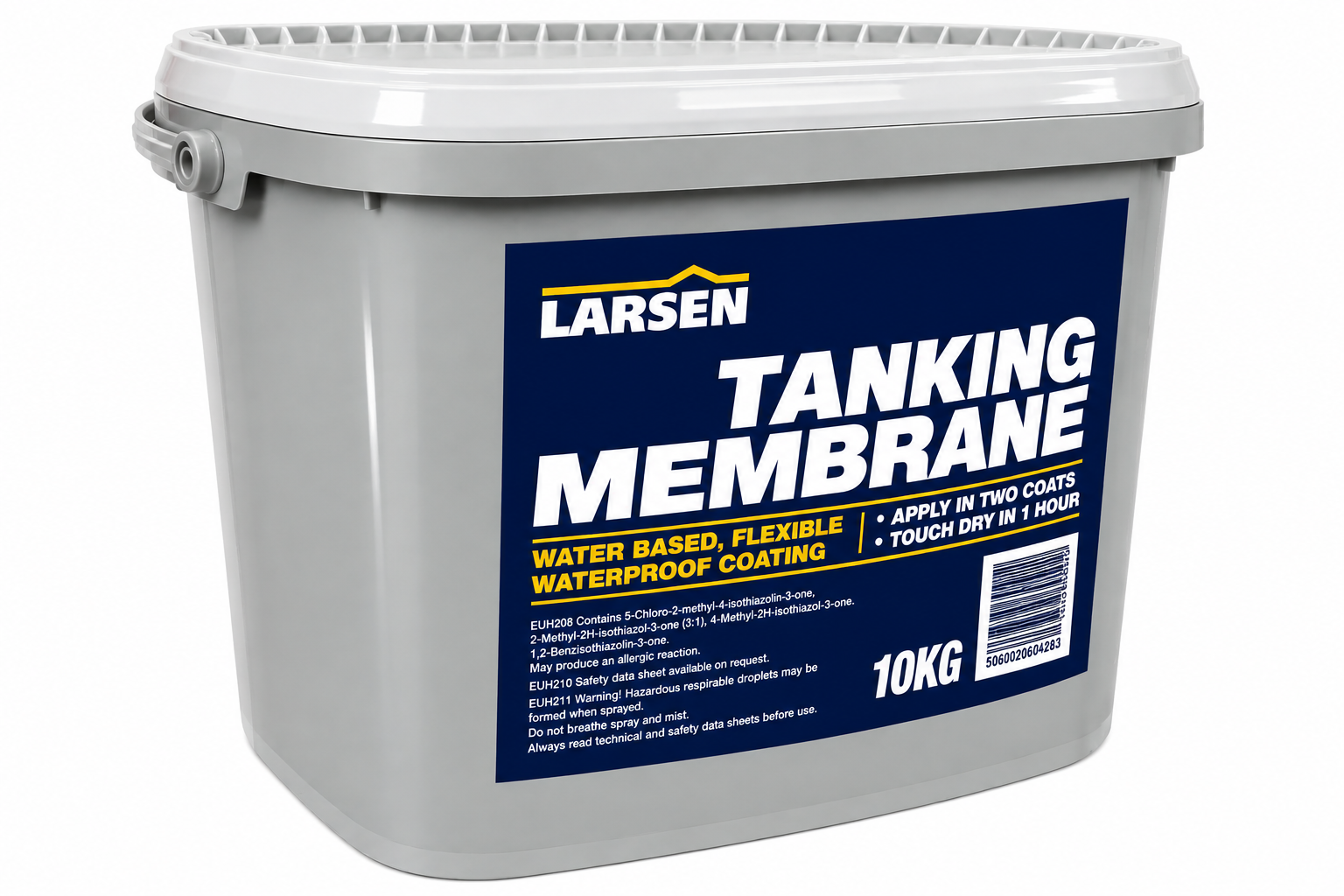 A 10kg plastic bucket of Larsen Tanking Membrane waterproof coating, featuring a dark blue label with white and yellow text, on a solid white background.