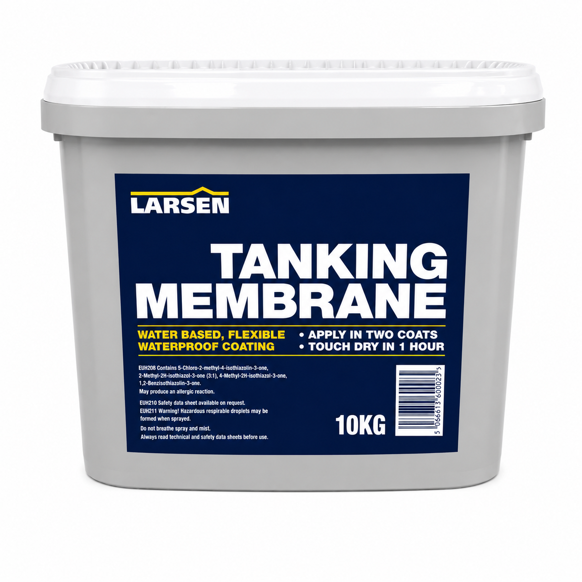 A 10kg plastic bucket of Larsen Tanking Membrane waterproof coating, featuring a dark blue label with white text on a white background.