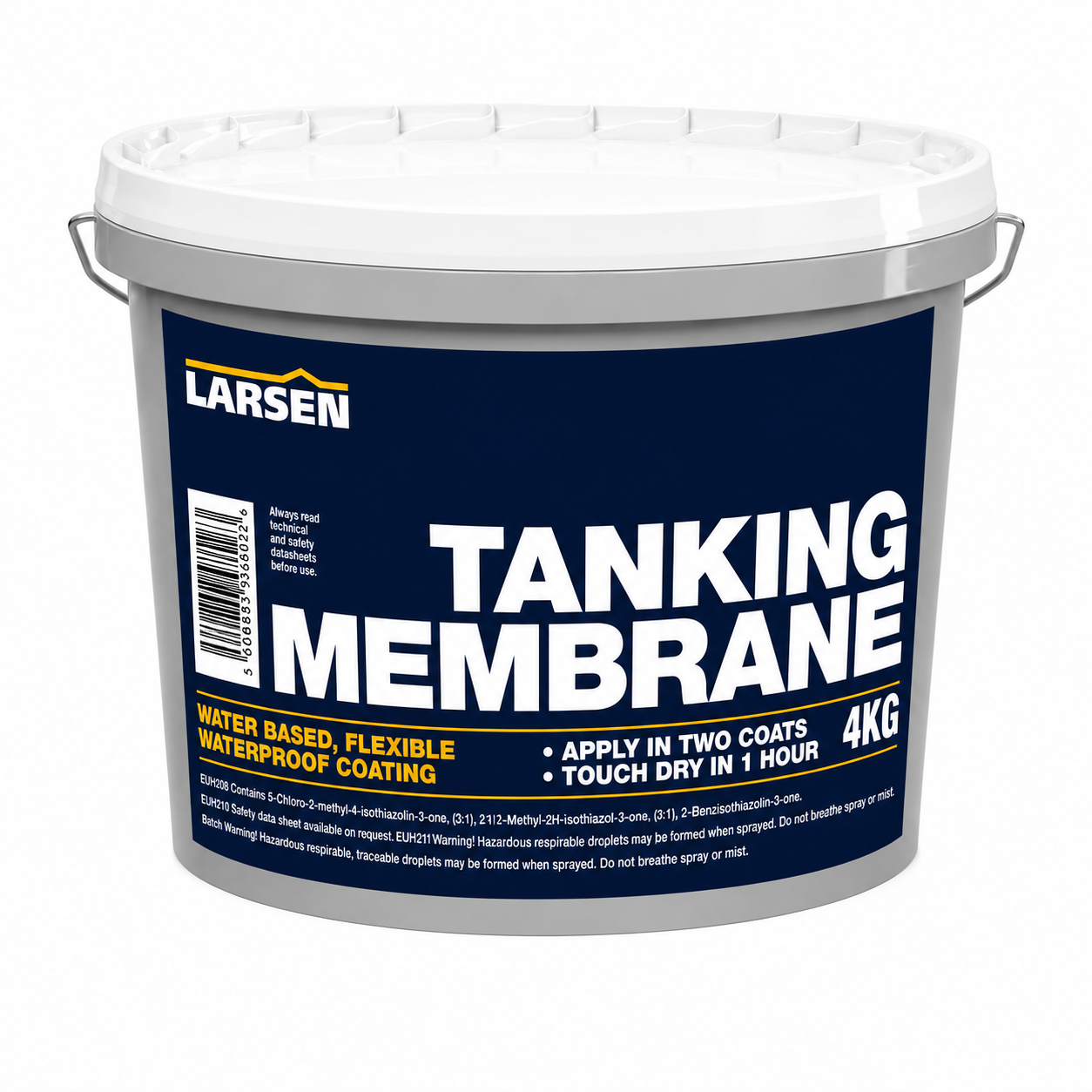A 4kg bucket of Larsen Tanking Membrane waterproof coating, featuring a dark navy blue label with white and yellow text, on a clean white background.