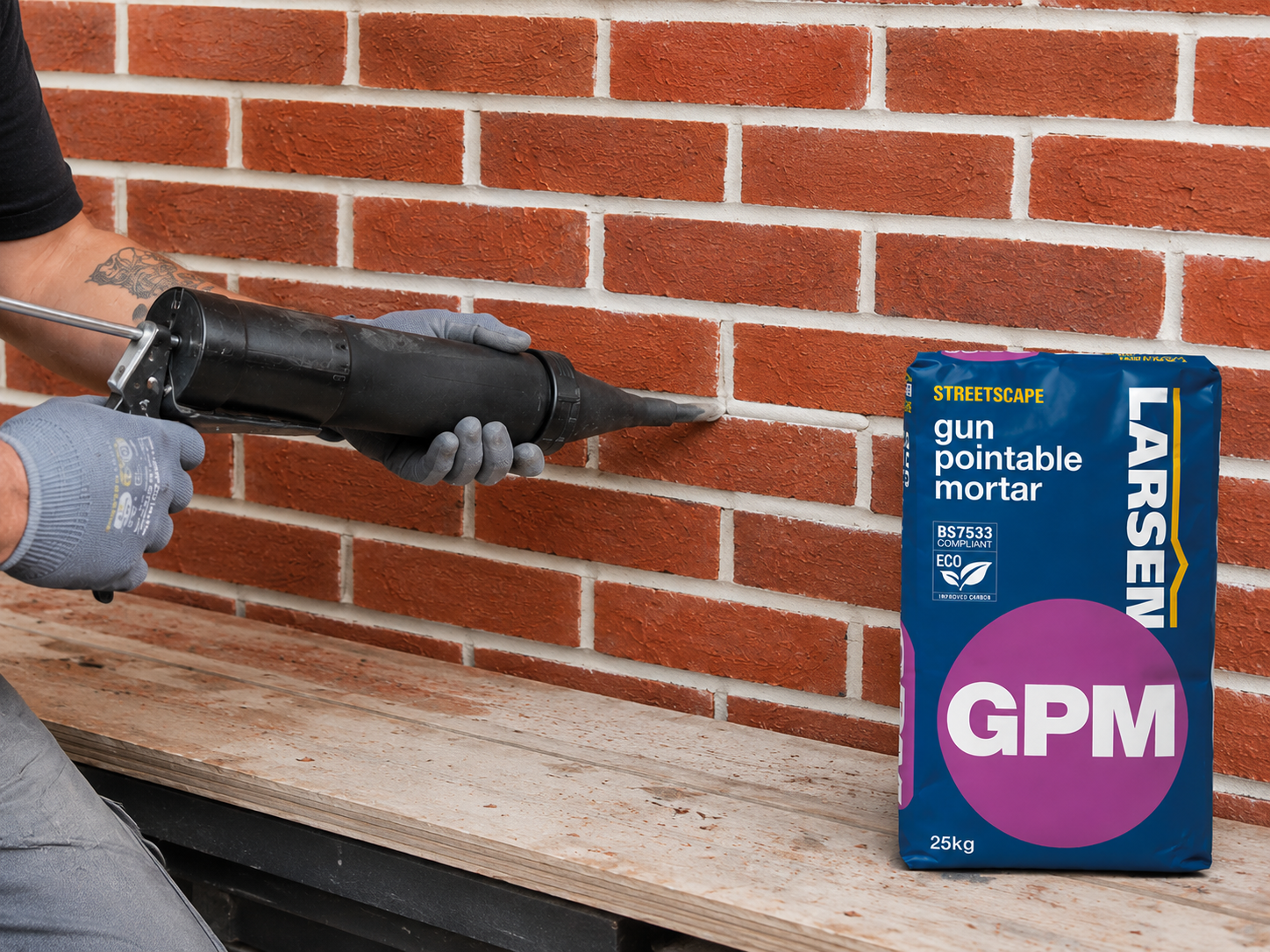 A person wearing gray gloves applies Larsen white gpm mortar with a caulking gun to a red brick wall. A blue bag of Larsen Streetscape GPM gun pointable mortar is placed on a wooden board next to the work area.