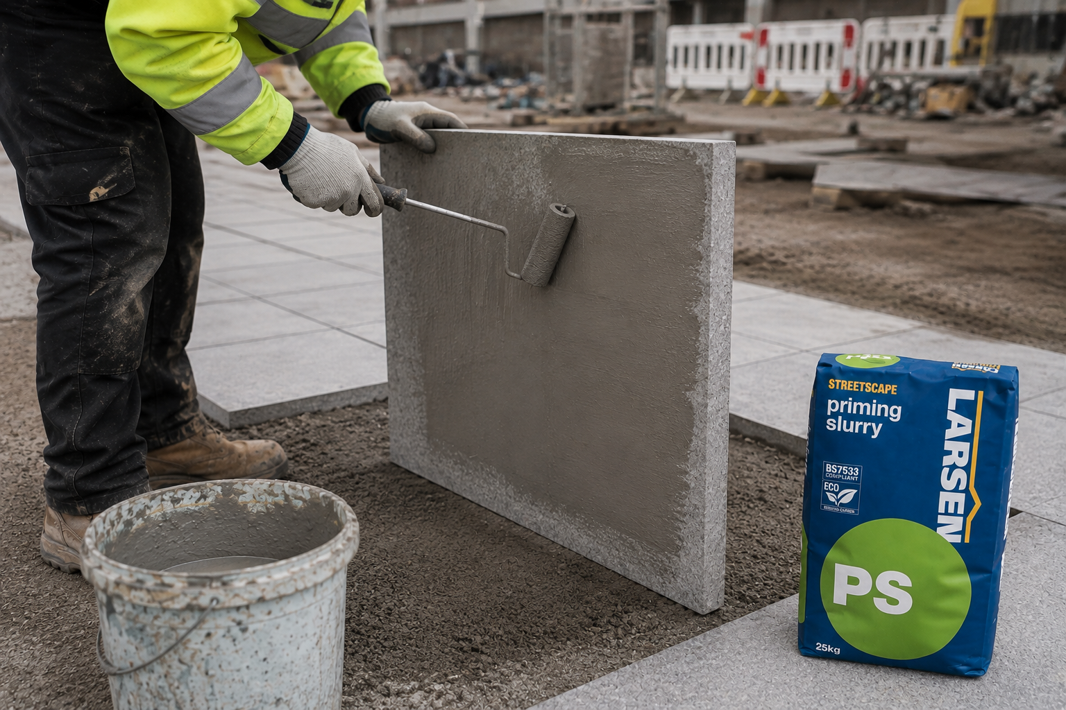 A construction worker in a high-visibility jacket applies Larsen priming slurry to a large concrete panel with a roller. A bag of Larsen PS priming slurry and a bucket of wet slurry are visible on a construction site.
