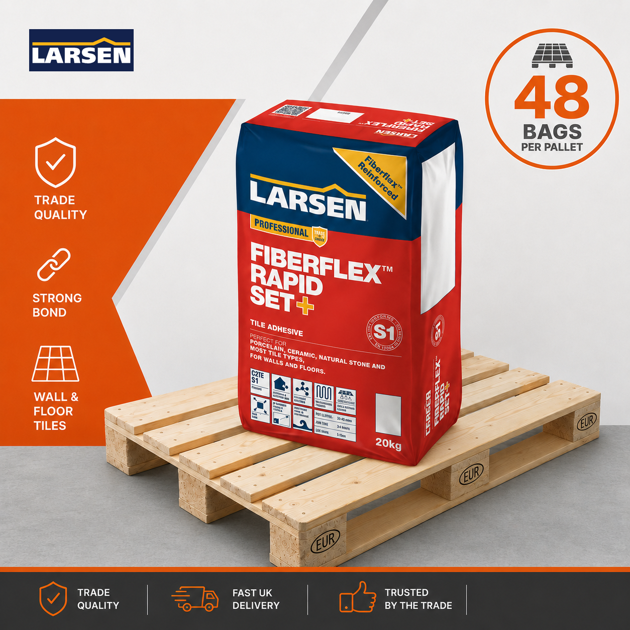 Larsen Fibreflex Rapid Set+ C2 S1 flexible tile adhesive grey 20kg full pallet of 48 bags