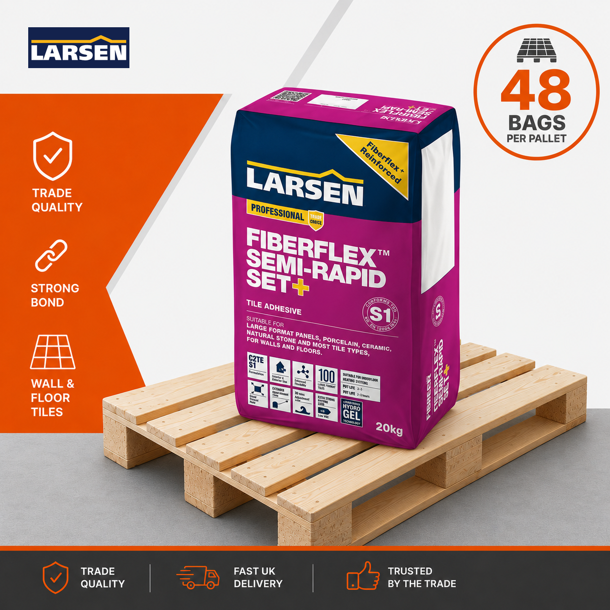 Larsen Fibreflex Semi-Rapid Set+ S1 flexible tile adhesive grey 20kg full pallet of 48 bags