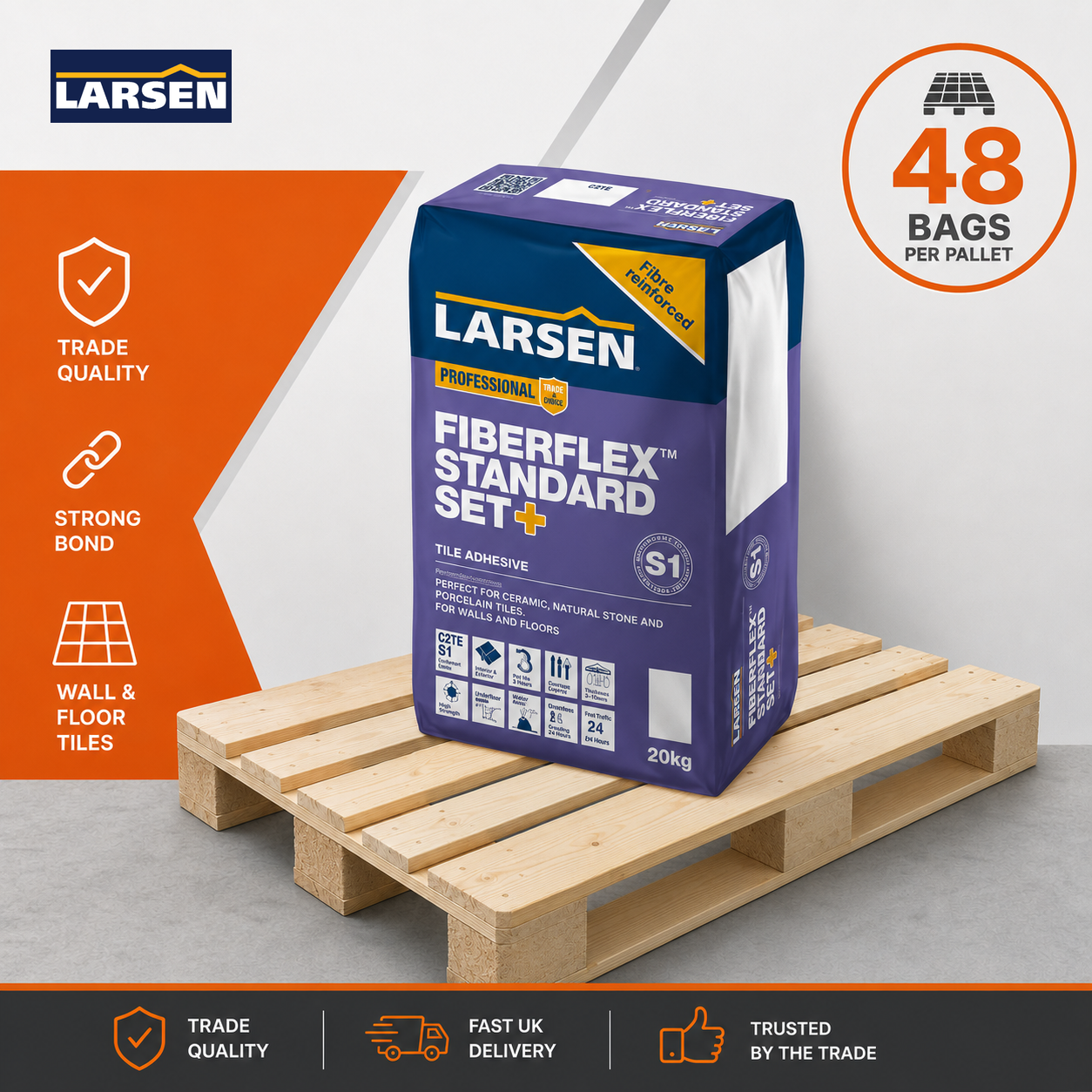 Larsen Fibreflex Standard Set+ C2 S1 flexible tile adhesive grey 20kg full pallet of 48 bags