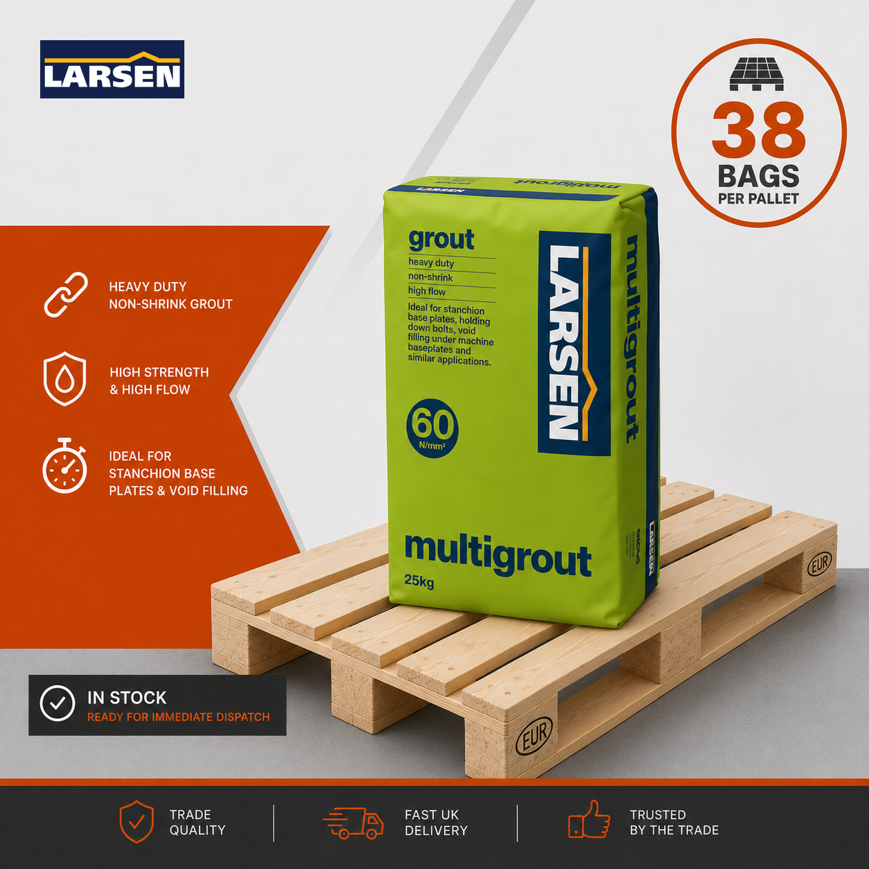Full pallet of Larsen Non-Shrink Grout (Multigrout 60) — 38 x 25kg bags of high-strength structural non-shrink grout shrink-wrapped for trade delivery.