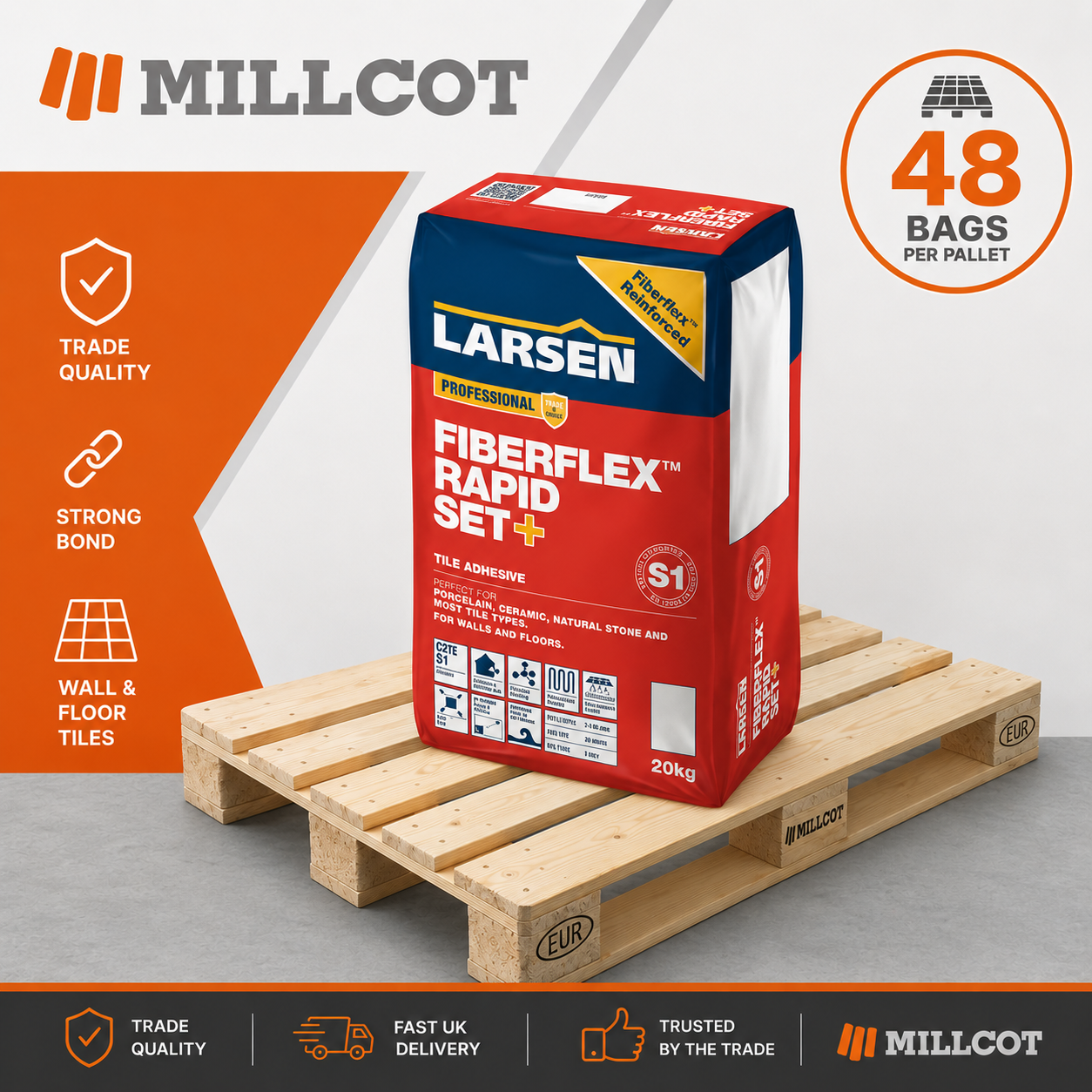 Larsen Fibreflex Rapid Set+ C2 S1 tile adhesive grey 20kg full pallet 48 bags tail lift