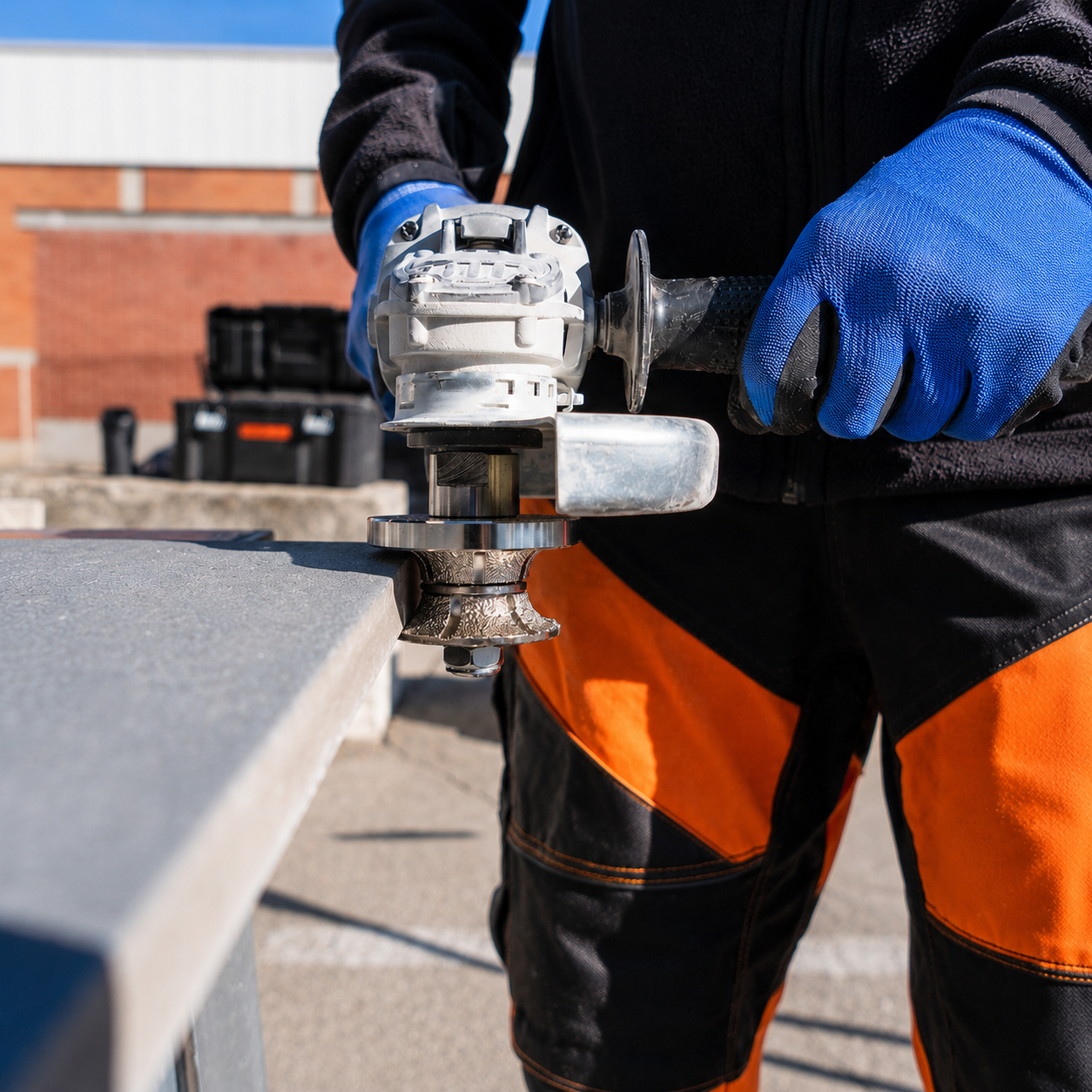 M14 Full Bullnose Profile Wheel in use on concrete stone slab with angle grinder