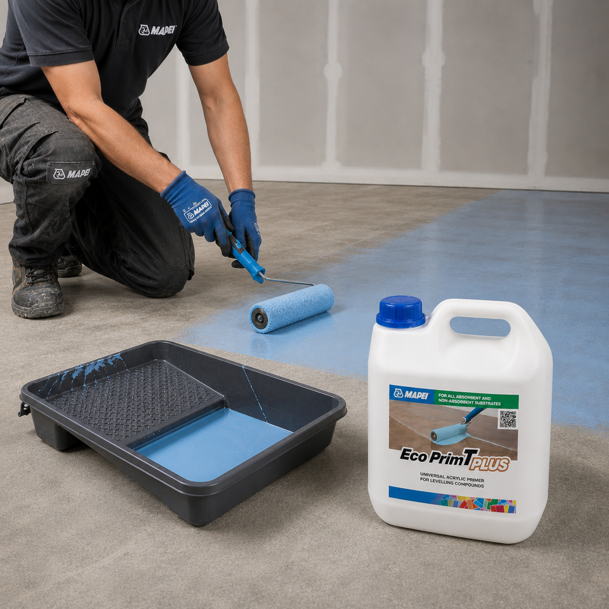 Person priming the floor using Mapei Eco Prim T Plus Primer light blue in colour, in the foreground is the roller tray with primer in and Mapei primer bottle