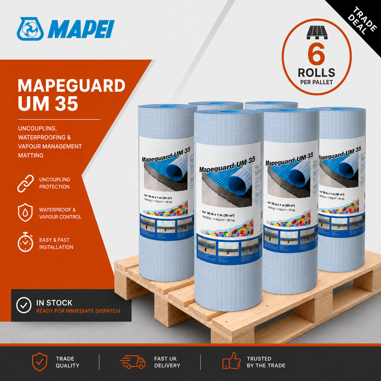 Mapei Mapeguard UM 35 uncoupling and waterproofing matting trade pallet deal — six 30m x 1m rolls per pallet