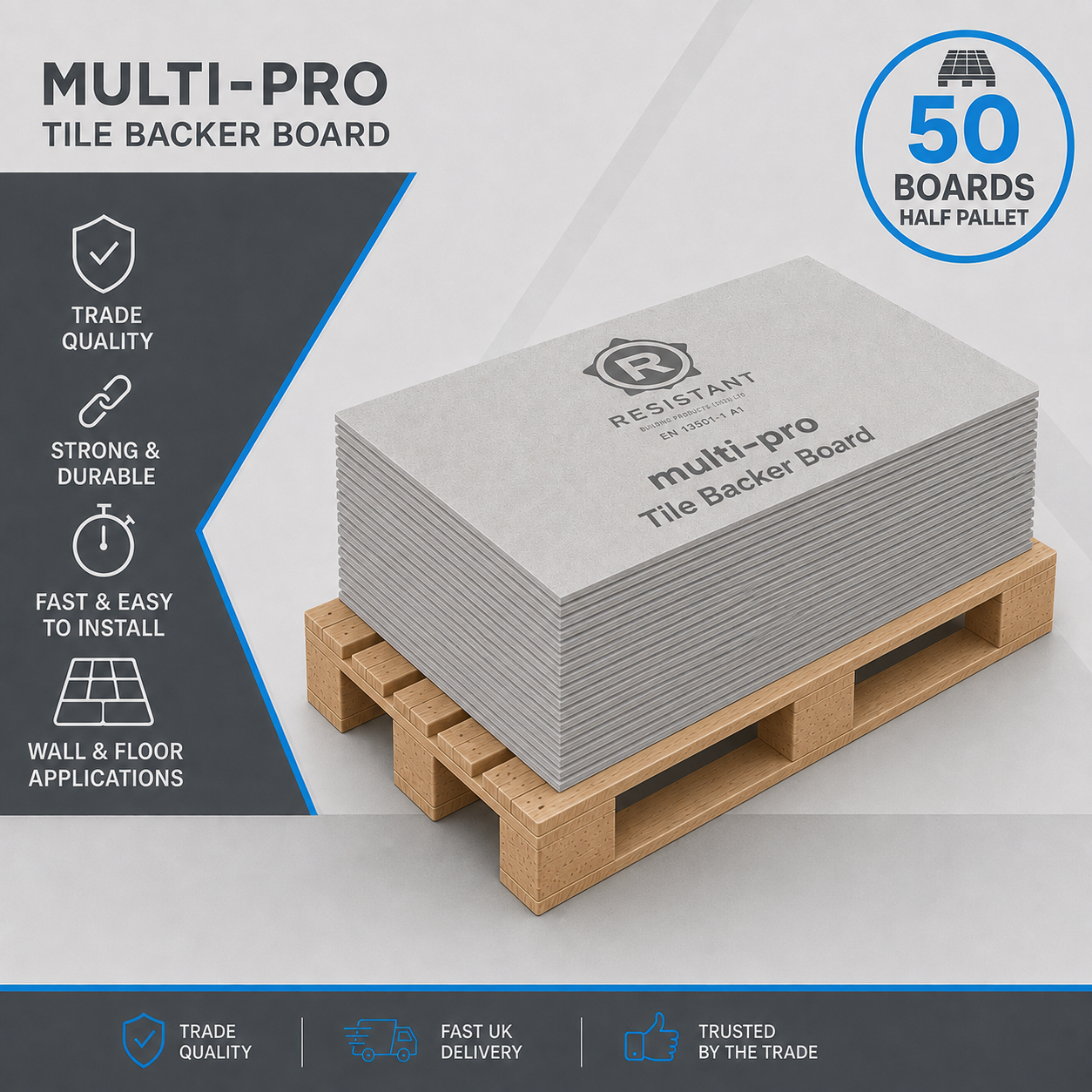 Multi-Pro Tile Backer Board 1200x800mm half pallet of 50 boards banded and ready for despatch