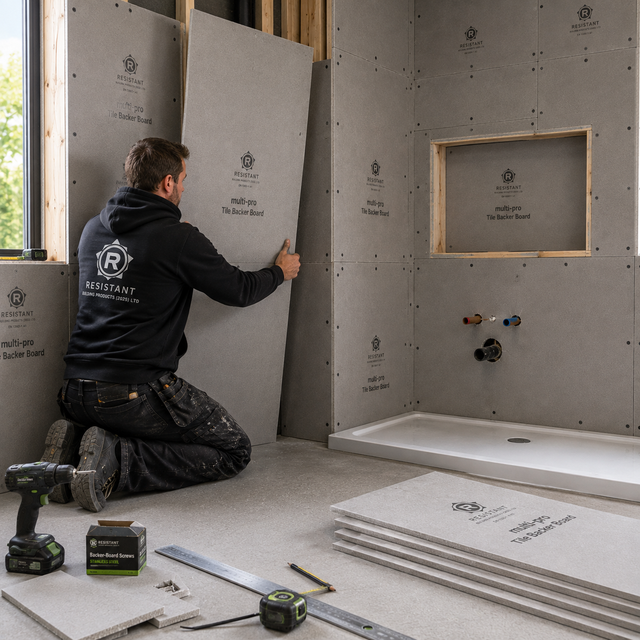 Installer positioning Multi-Pro Tile Backer Board onto timber studs during bathroom wall preparation.