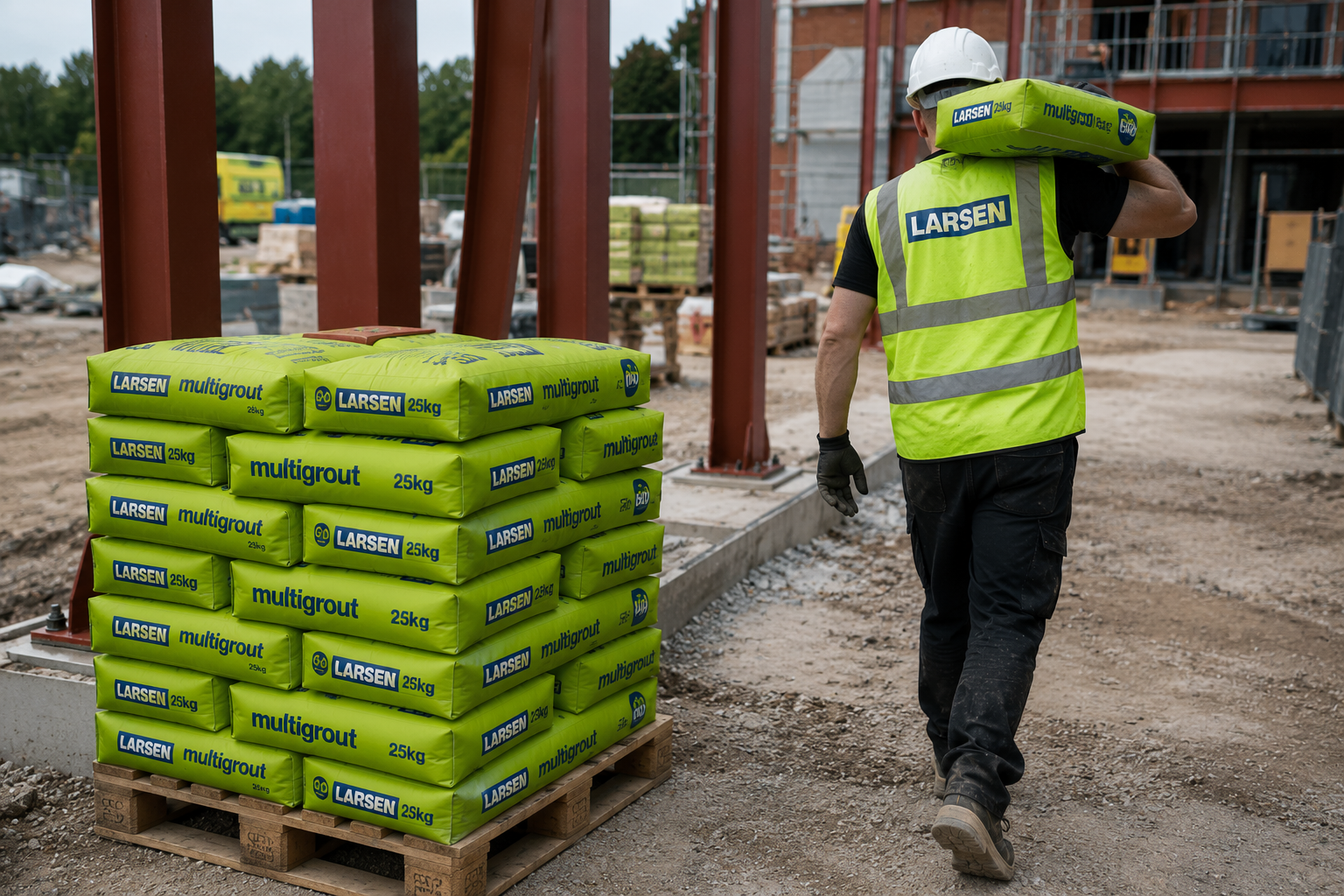 A construction worker wearing a white hard hat and a bright yellow Larsen high-visibility vest walks past a stack of green Larsen Multigrout bags on a wooden pallet at a building site.