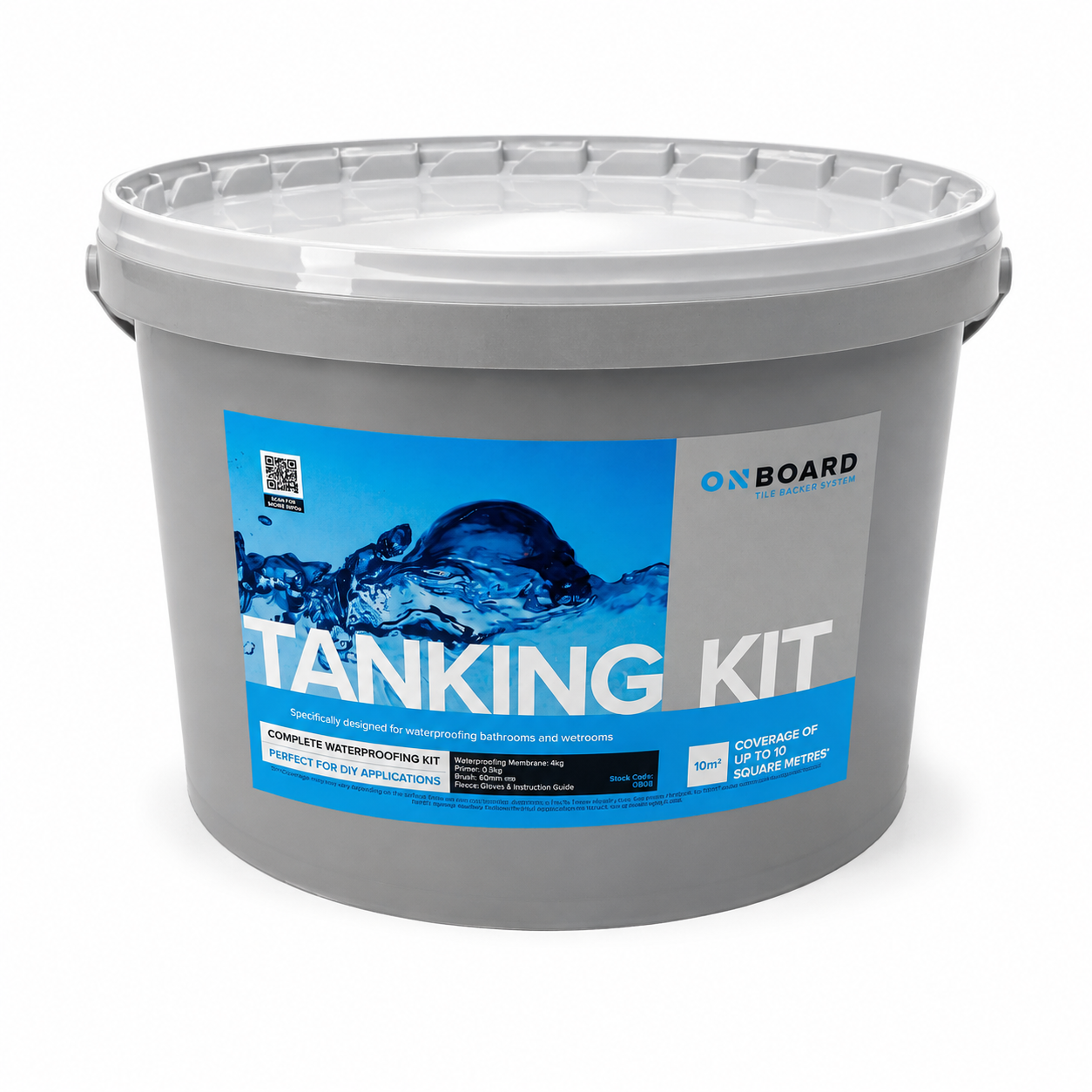 A gray plastic bucket of OnBoard Tanking Kit waterproofing material with a blue and white label, shown on a clean white background.
