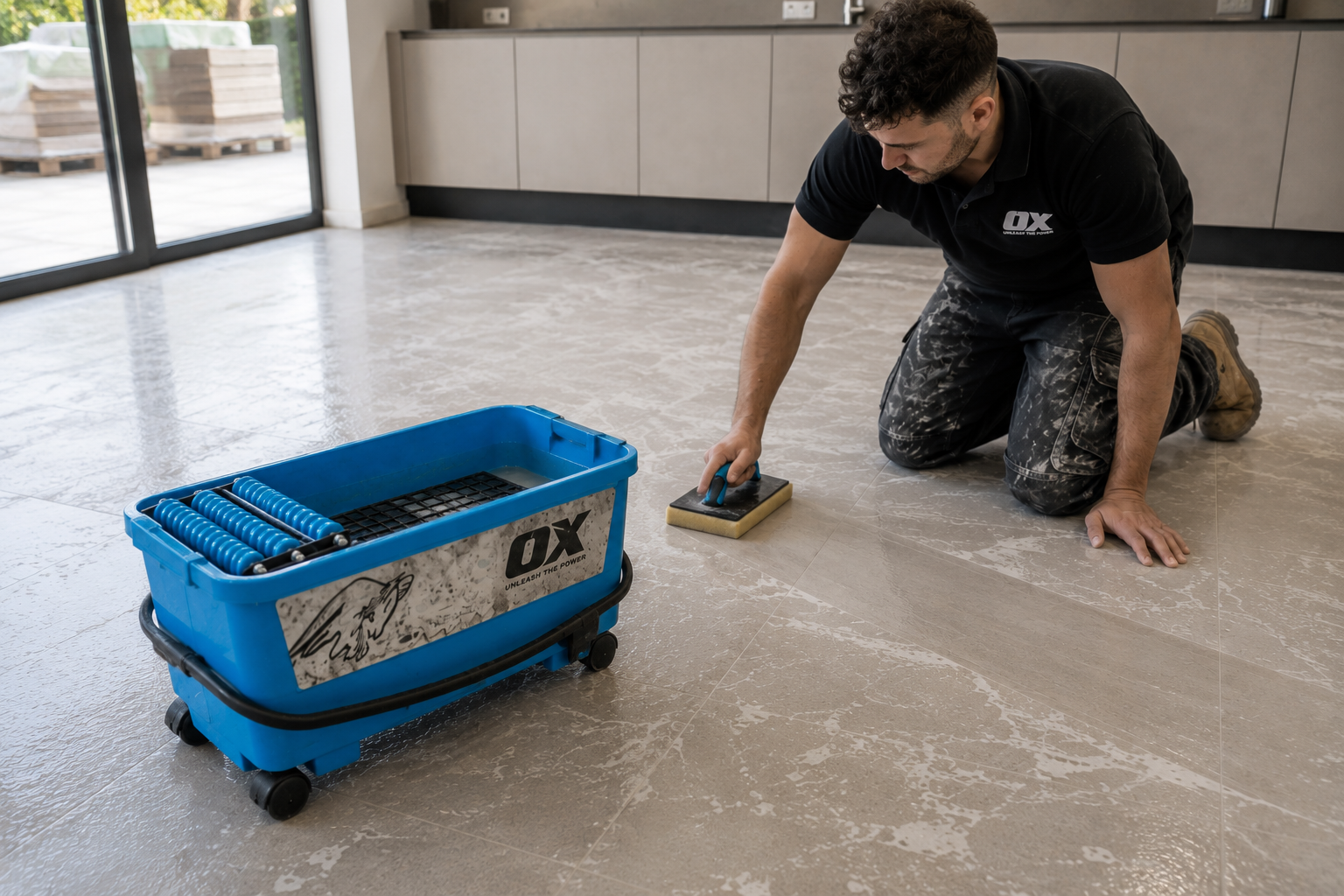 A man kneels on a polished stone floor in a modern interior, using a sponge floar, next to a bright blue Ox washboy.