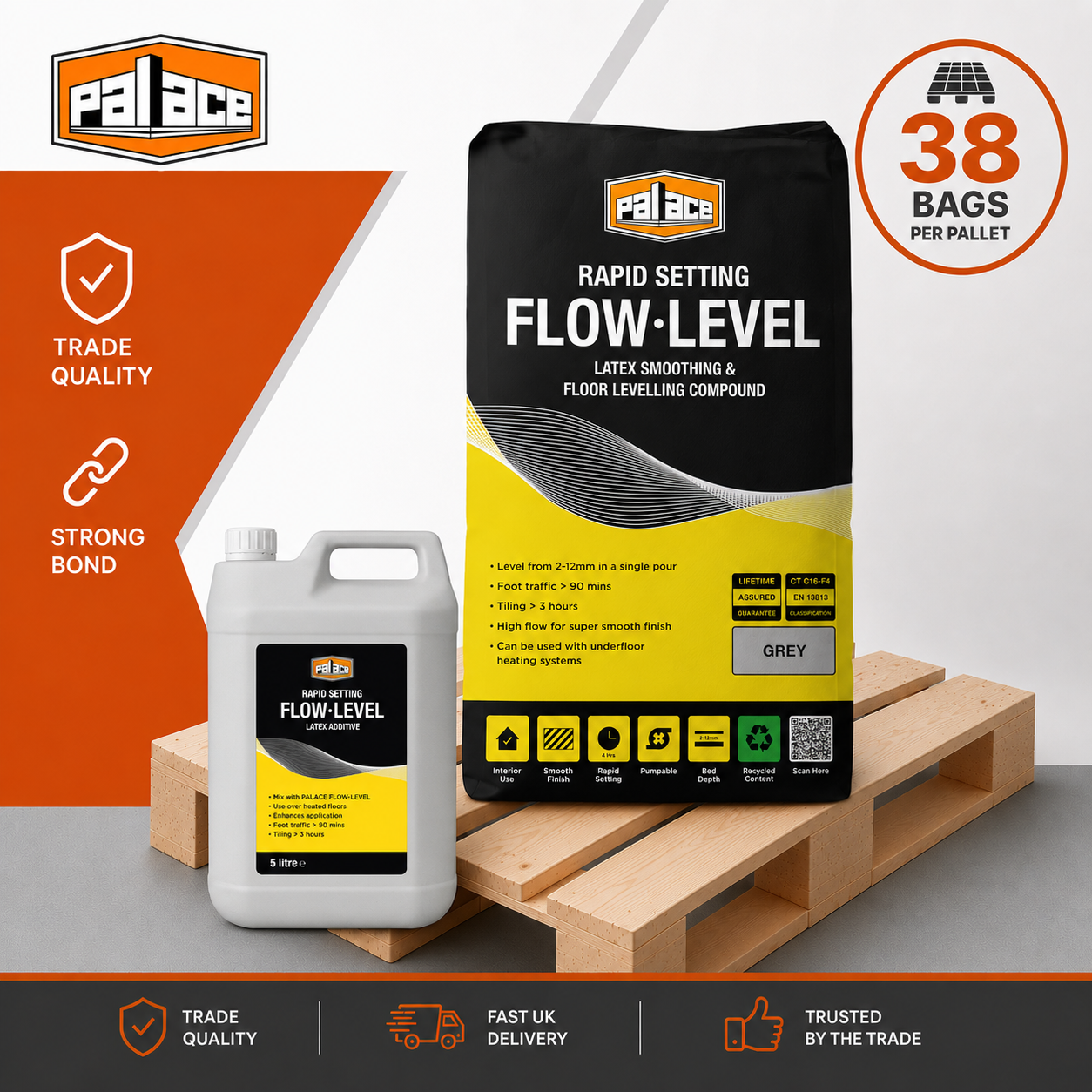 Palace Flow-Level 2-part self levelling compound bags and latex bottles stacked on a full pallet of 38