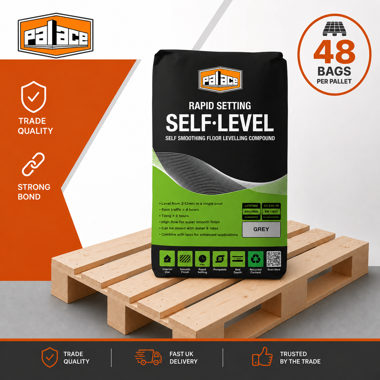 Palace Rapid Setting Self-Level grey self-smoothing floor levelling compound, suitable for 2–12mm depths, rapid setting and underfloor heating applications.